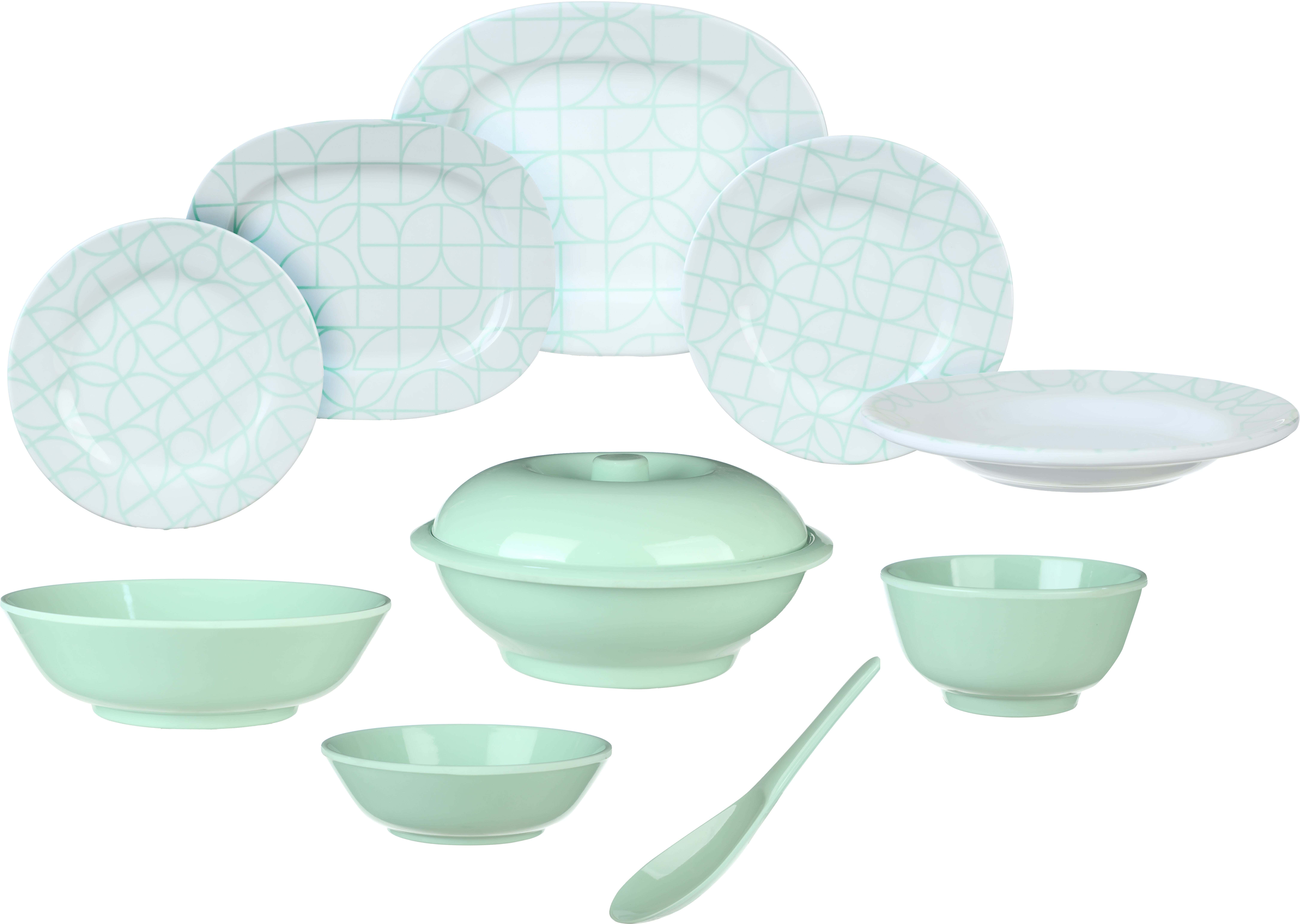 Al Sherif Melamine Dinner Set, 38 Pieces - White Light Green