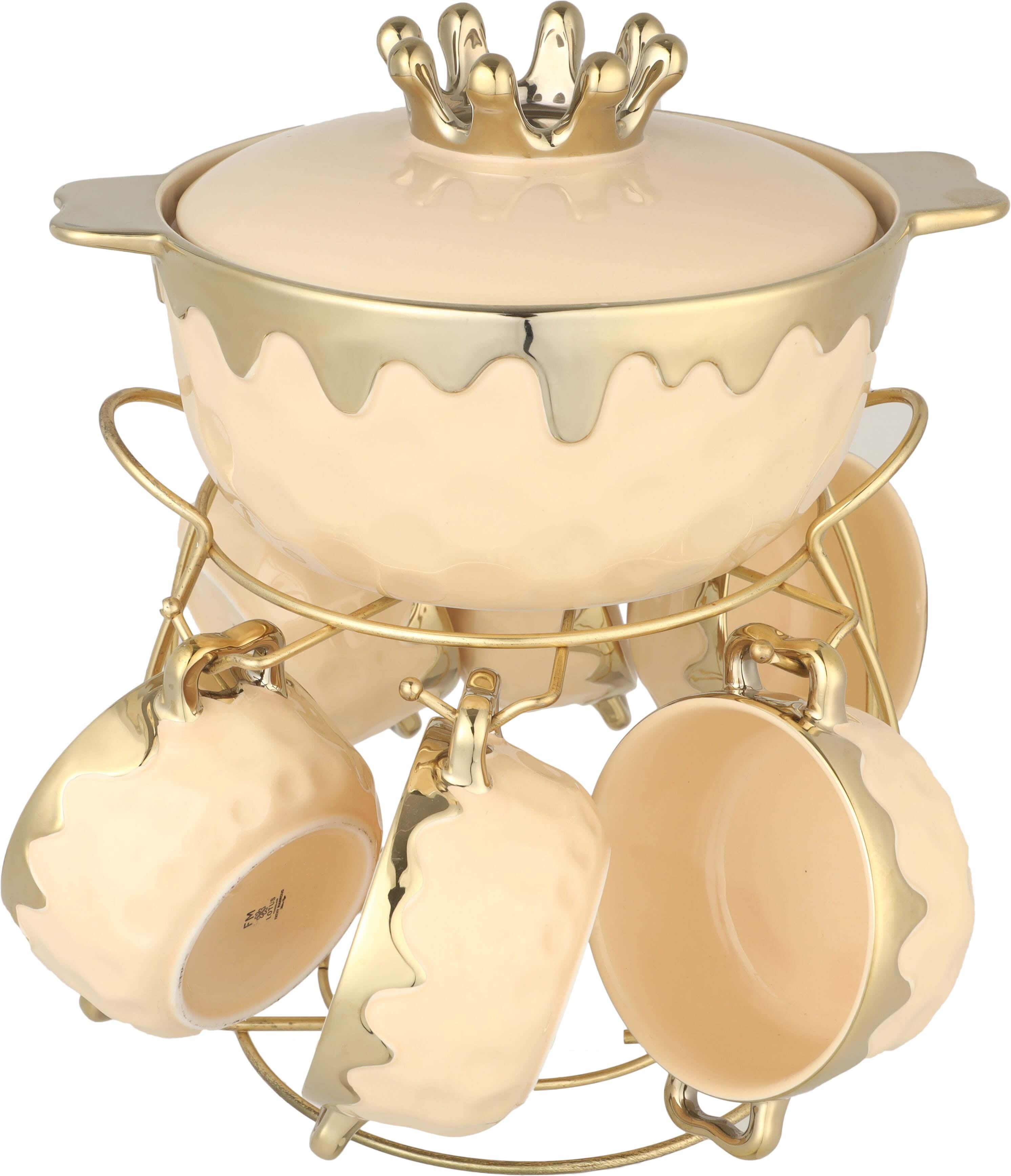 Lotus Porcelain Soup Bowl Set, 7 Pieces, with Stand - Beige Gold