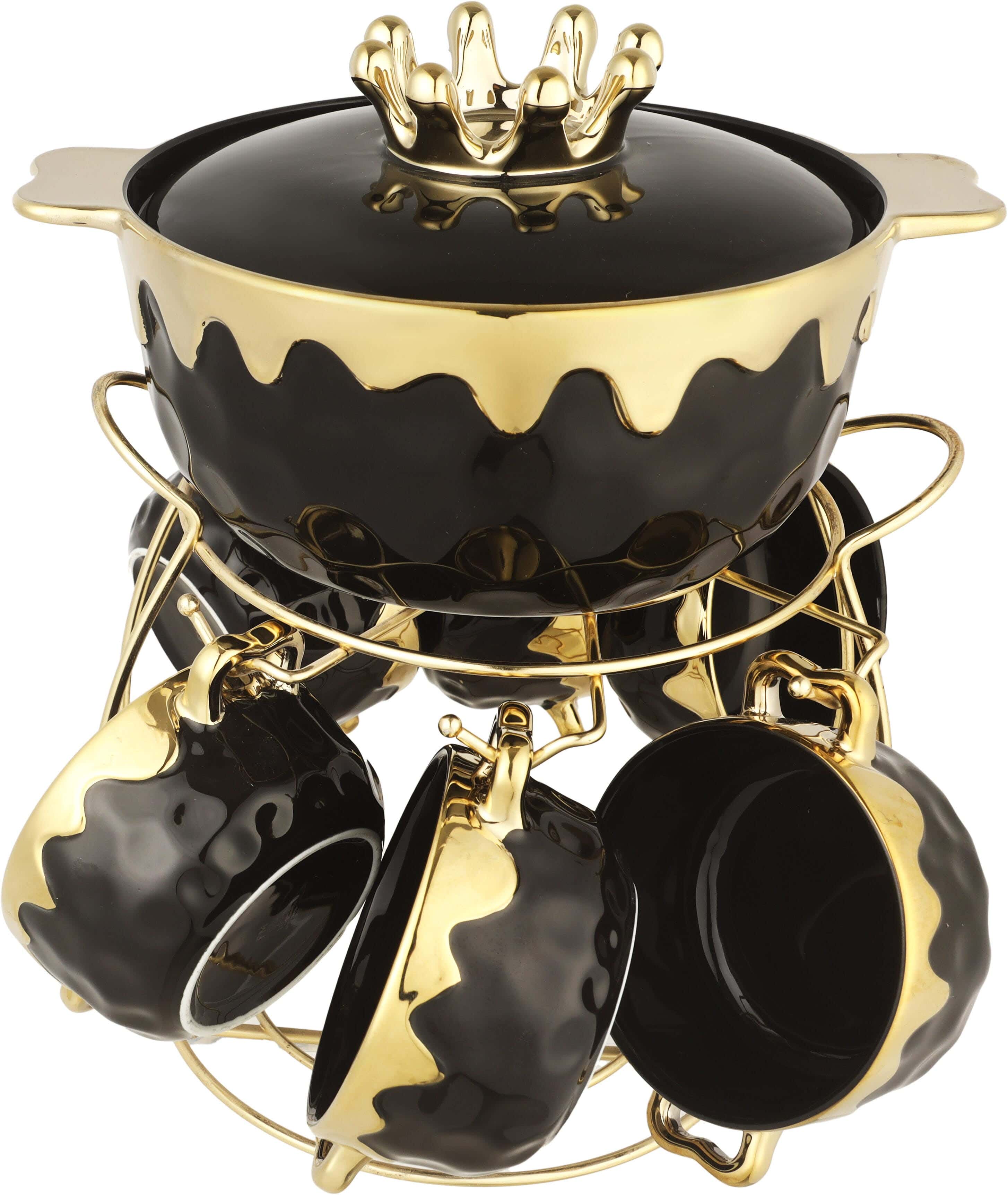 Lotus Porcelain Soup Bowl Set, 7 Pieces, with Stand - Black Gold
