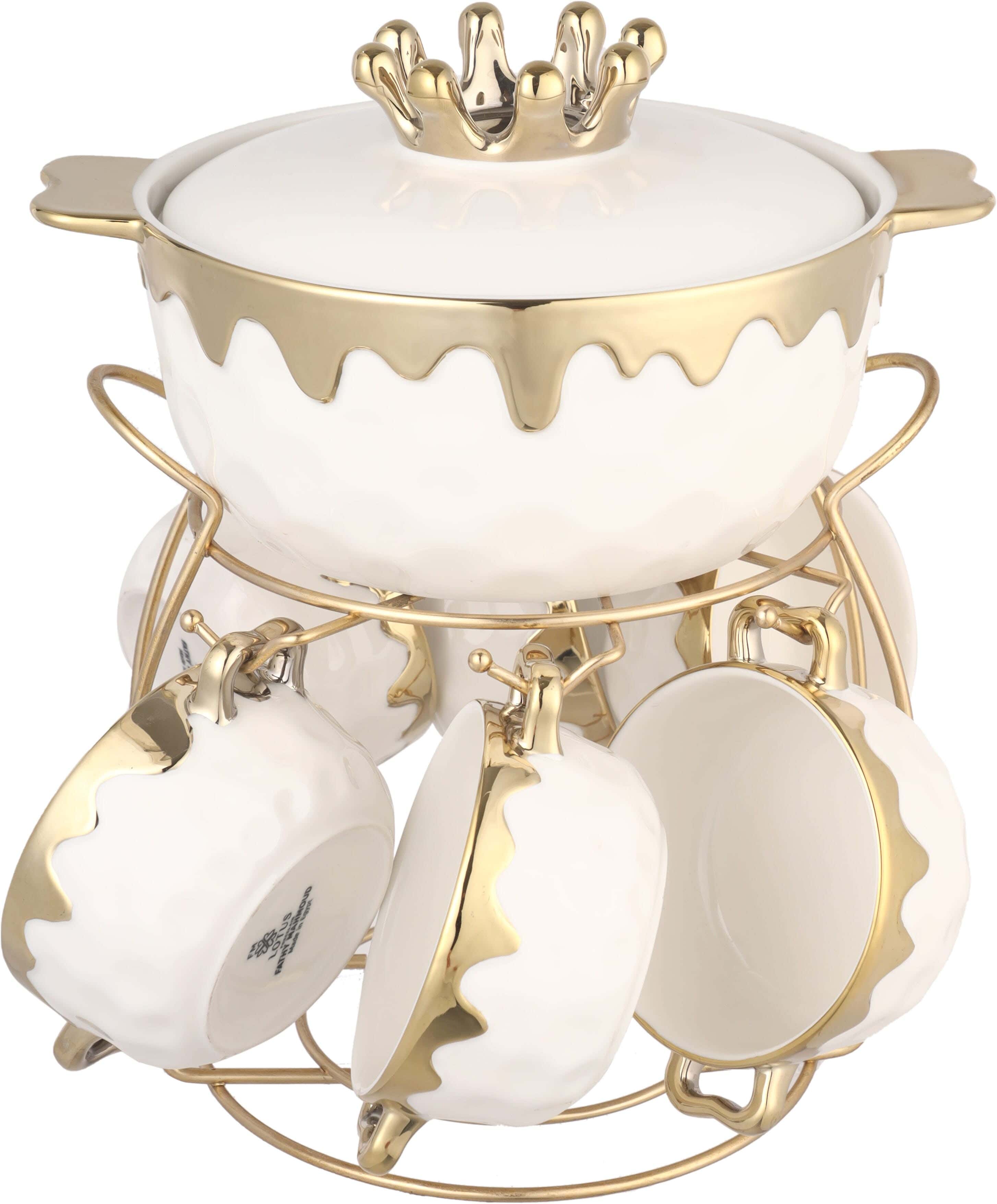Lotus Porcelain Soup Bowl Set, 7 Pieces, with Stand - White Gold