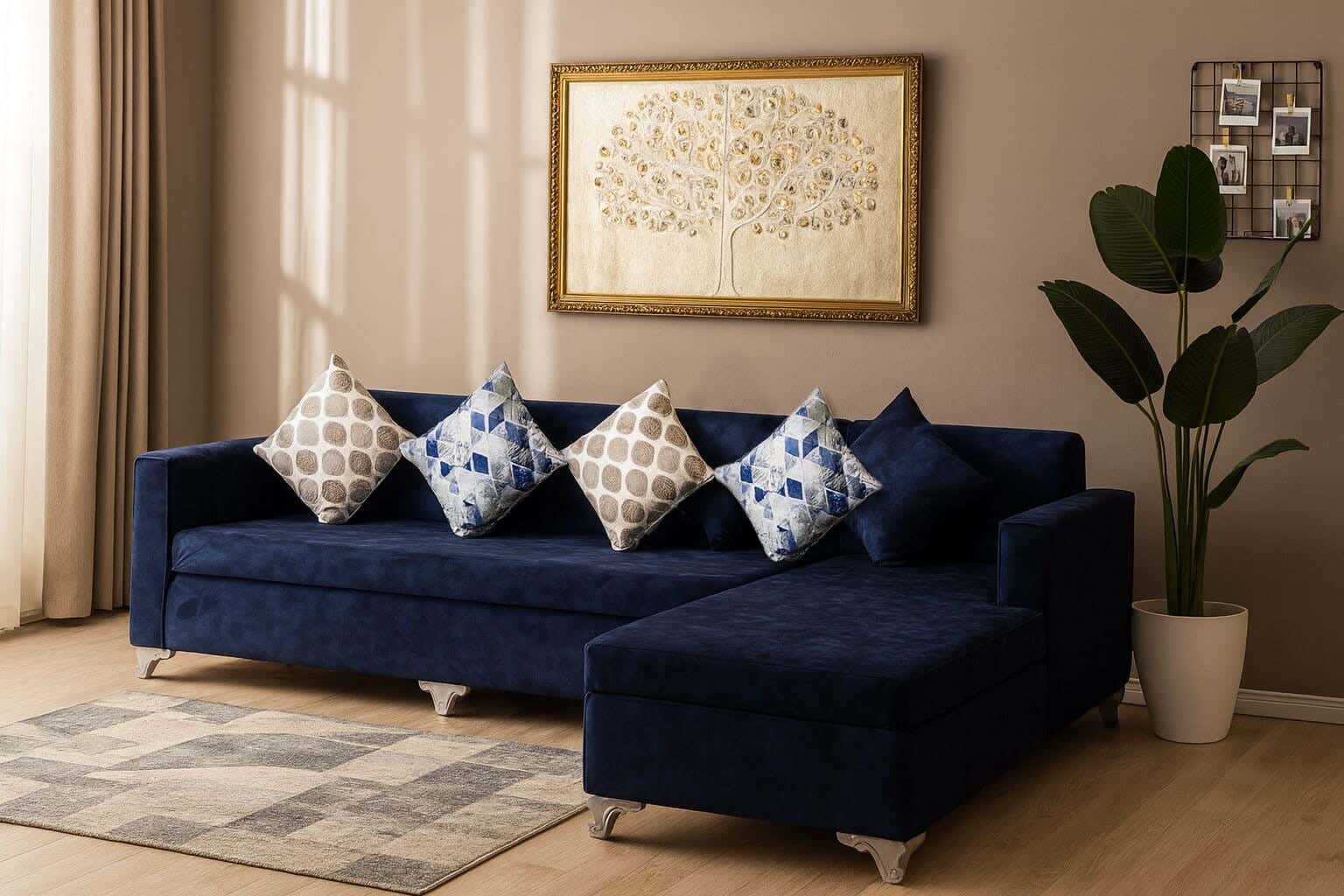 Musky Wood L-Shape Corner Sofa Velvet Upholstery, 2 Pieces, 290x80x185 cm, 2 Seat Cushions, 5 Pillows - Navy