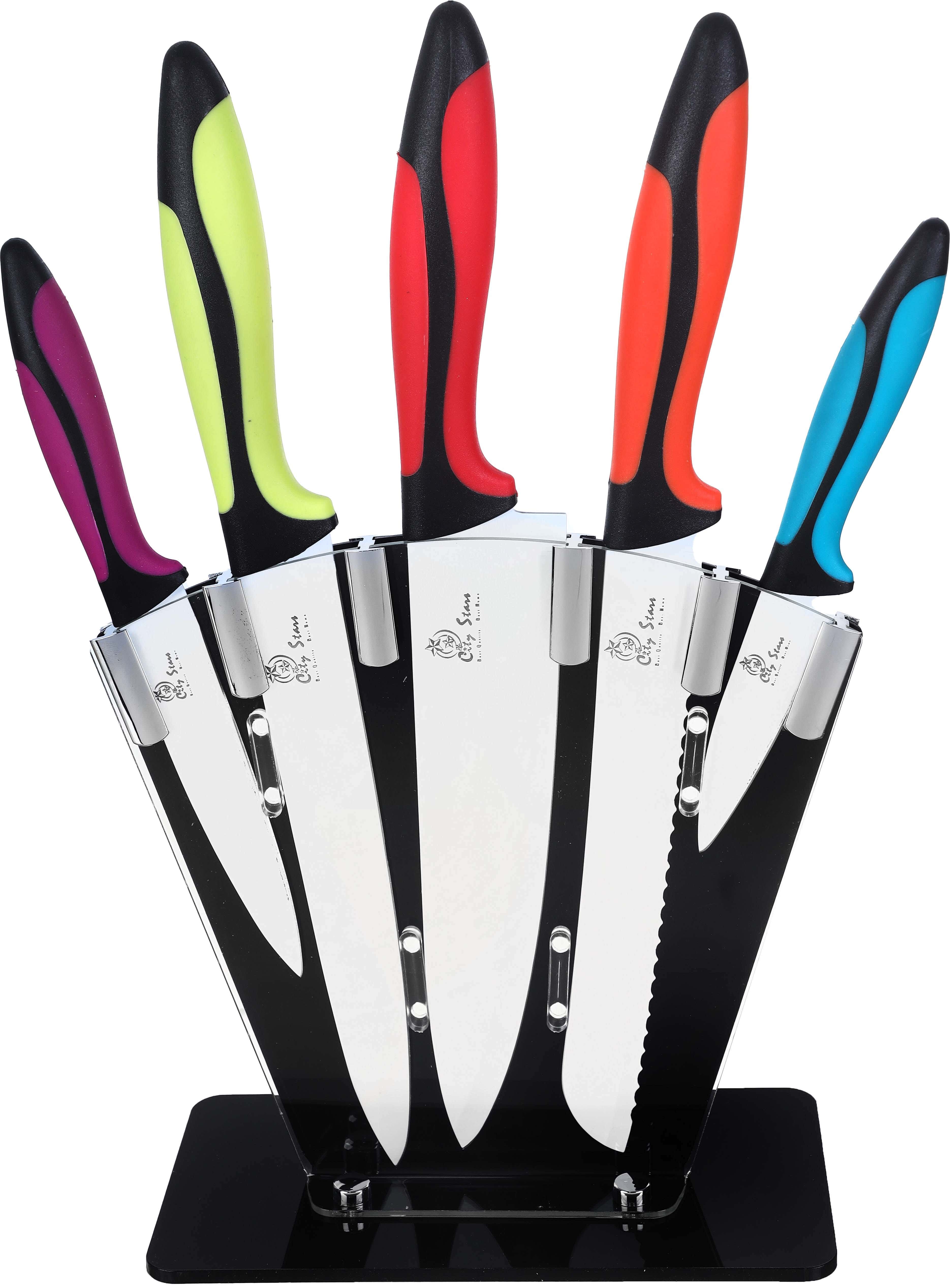 Falmer Stainless Steel Knife Set, 5 Pieces, Bakelite Handle, with Plastic Stand - Multicolor