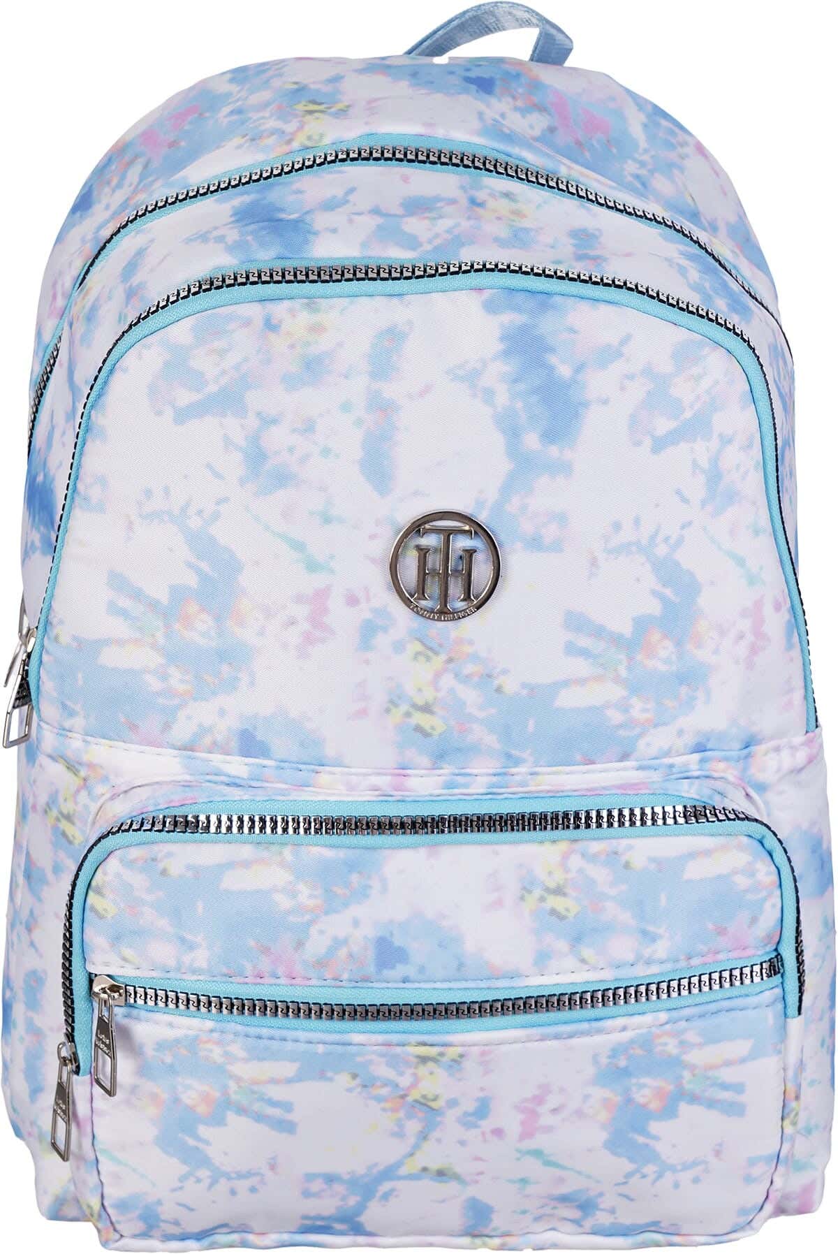 Satin School Backpack for Girls, 16-inch, 4 zippers - White Blue