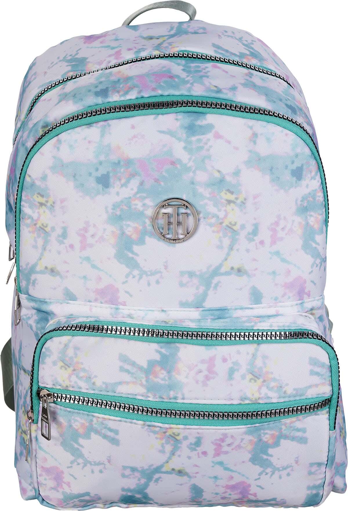 Satin School Backpack for Girls, 16-inch, 4 zippers - White Turquoise