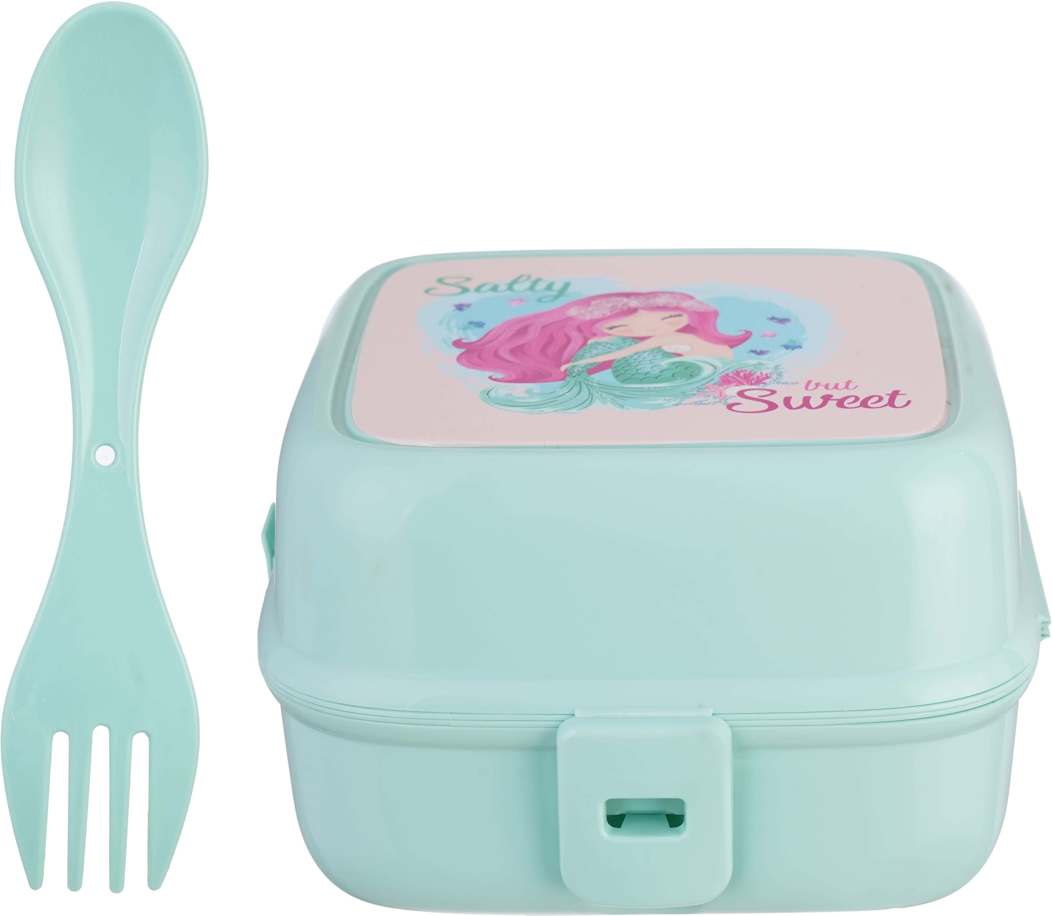 Gondol Plastic Lunch Box, 2 Levels, 15x15x9 cm, with Spoon and Fork - Turquoise