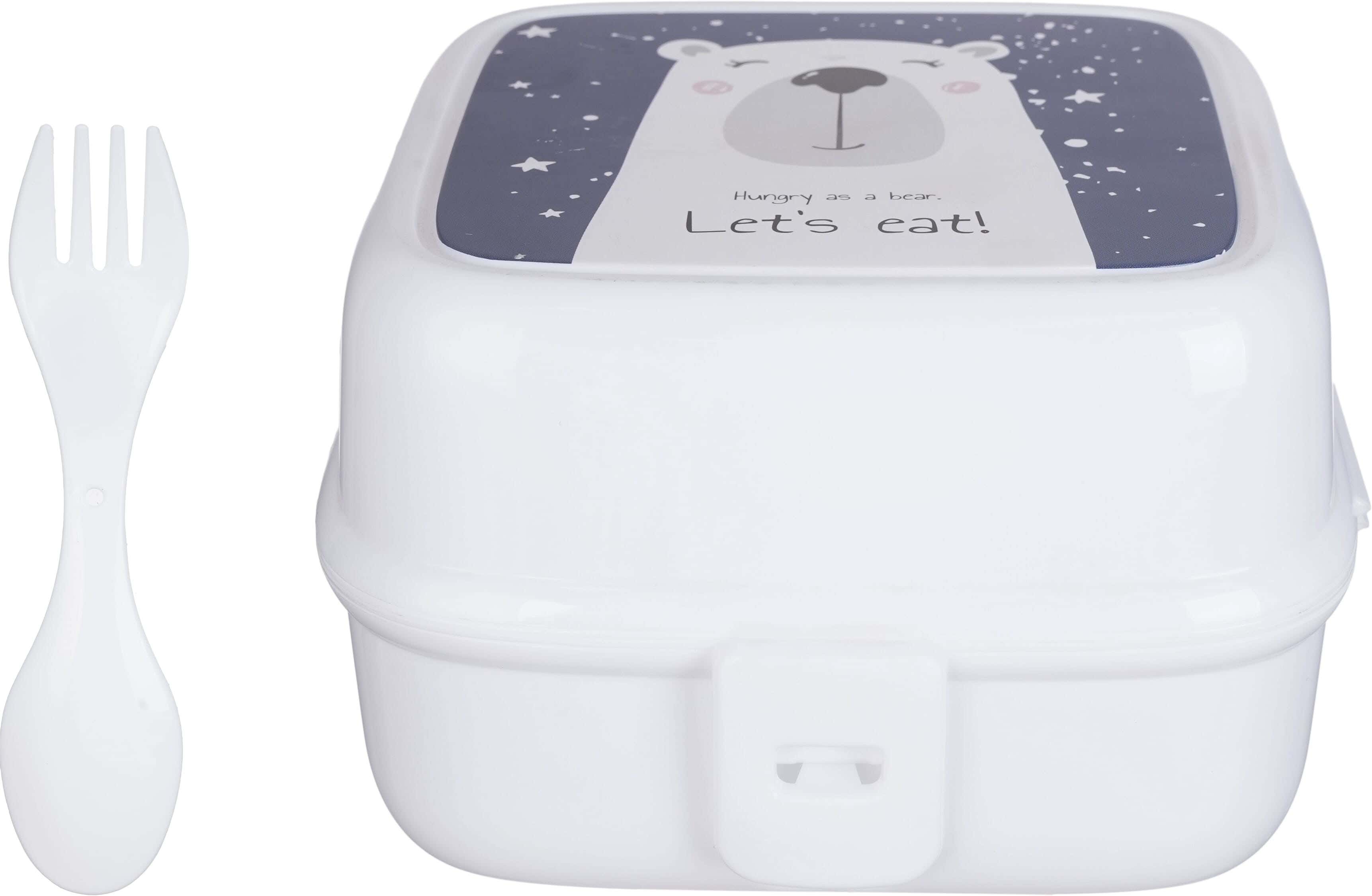 Gondol Plastic Lunch Box, 2 Levels, 15x15x9 cm, with Spoon and Fork - White