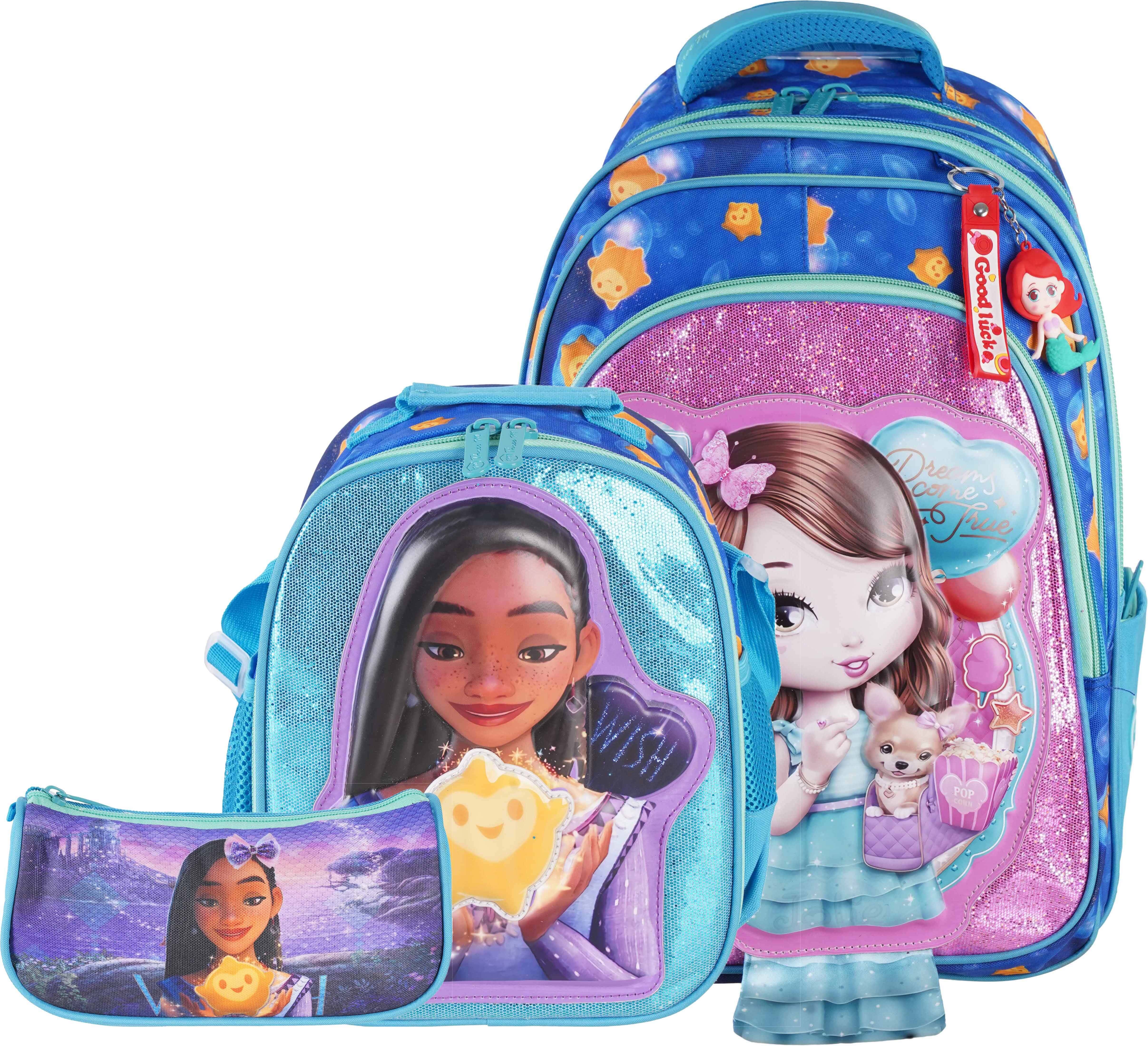 Three M Waterproof School Bag For Girls, 18 Inch, 4 Zippers, With Lunch Box Bag and Pencil Case - Multicolor