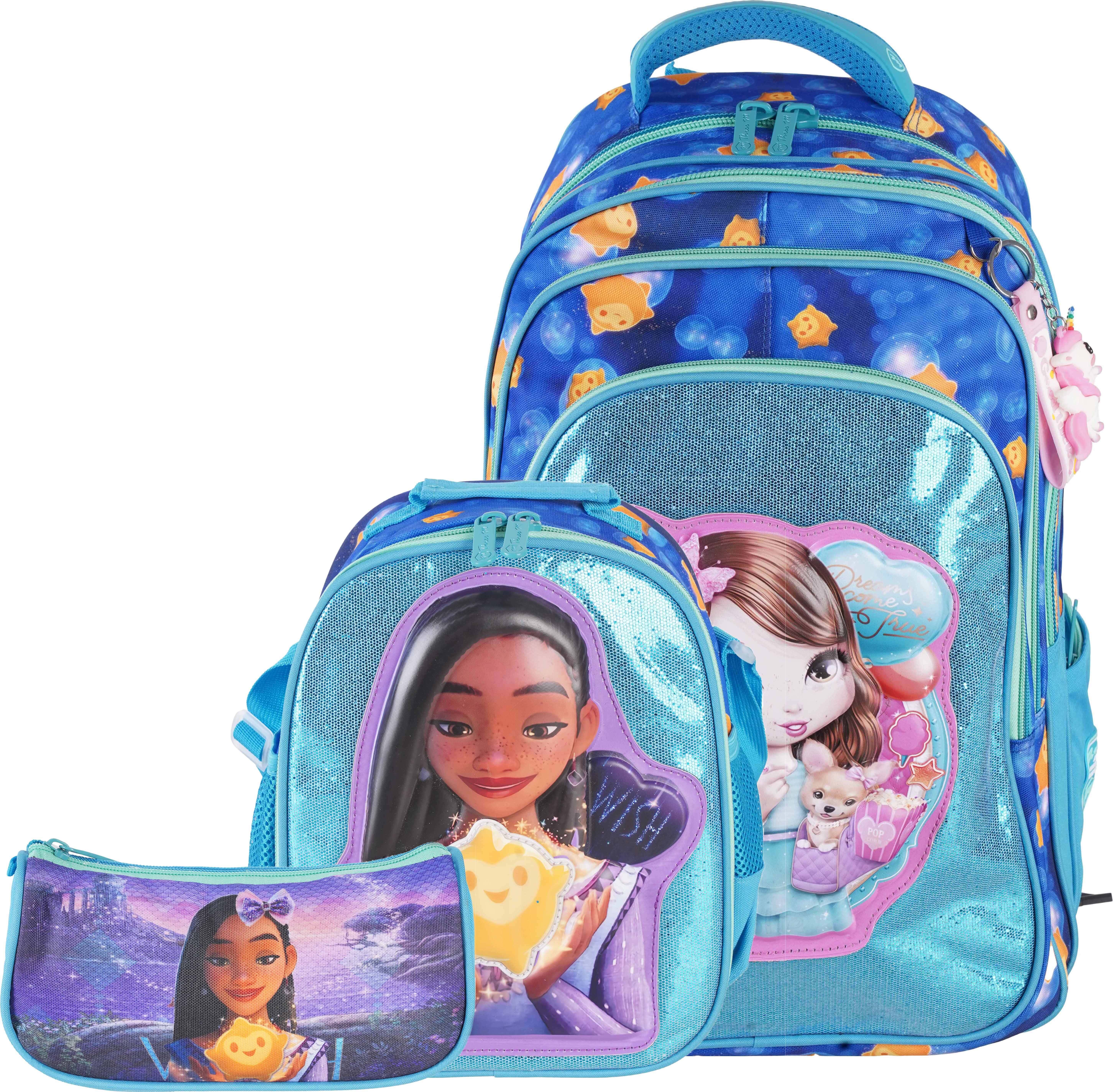 Three M Waterproof School Bag For Girls, 18 Inch, 4 Zippers, With Lunch Box Bag and Pencil Case - Multicolor