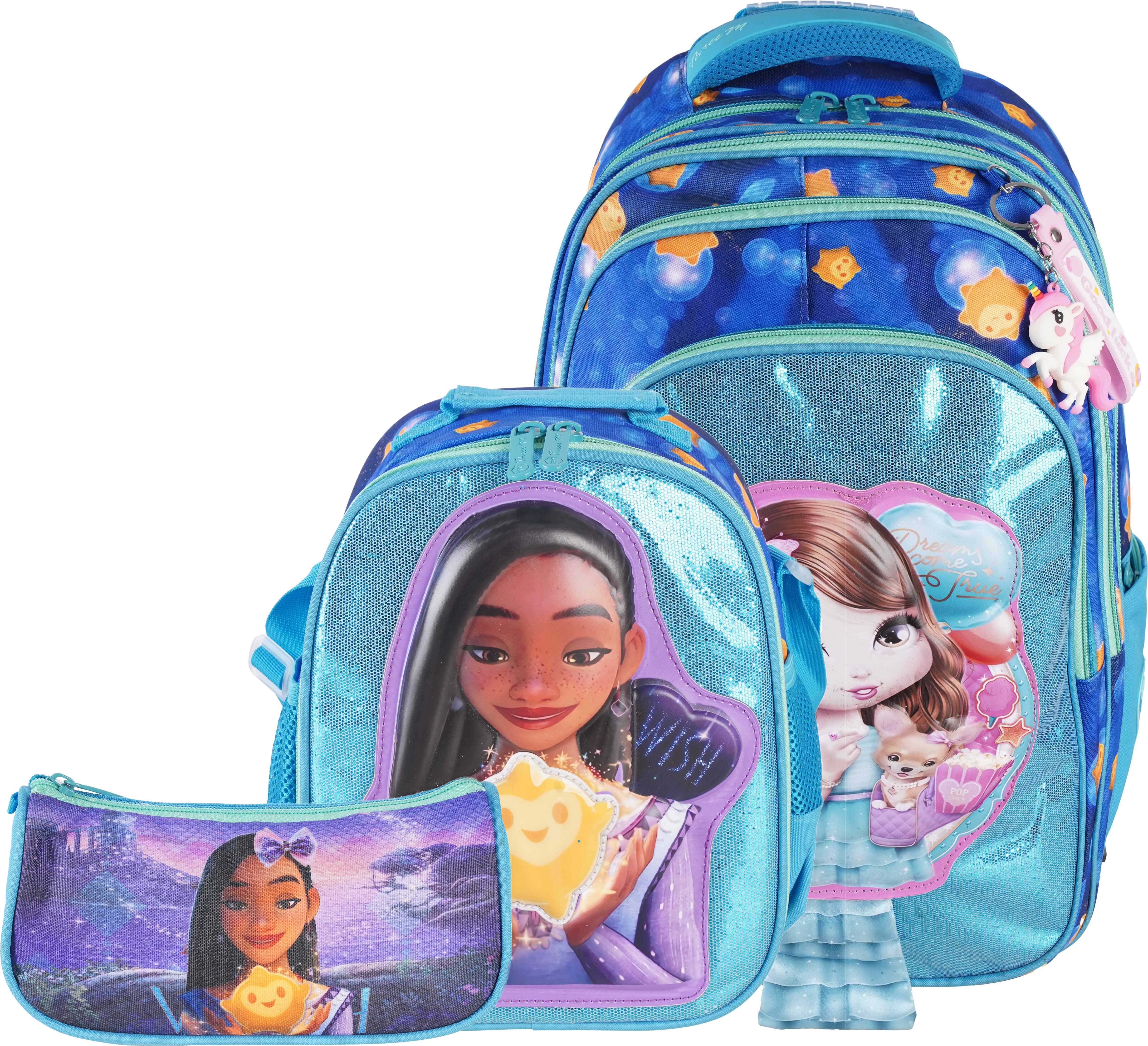 Three M Waterproof School Bag For Girls, 18 Inch, 4 Zippers, With Lunch Box Bag and Pencil Case - Multicolor