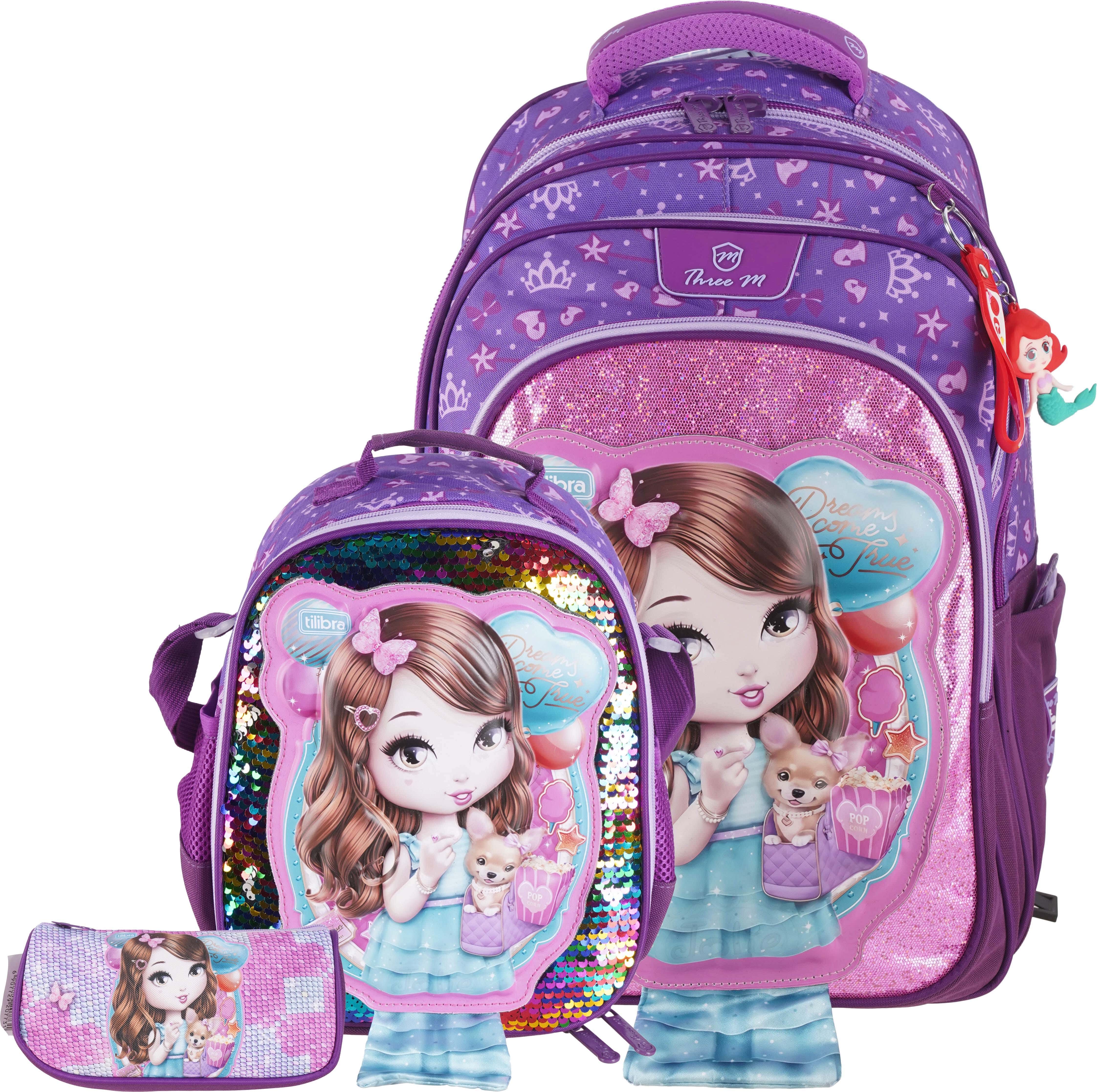 Three M Waterproof School Backpack, 18 inches, 4 zippers, with lunchbox and pencil case - Mauve