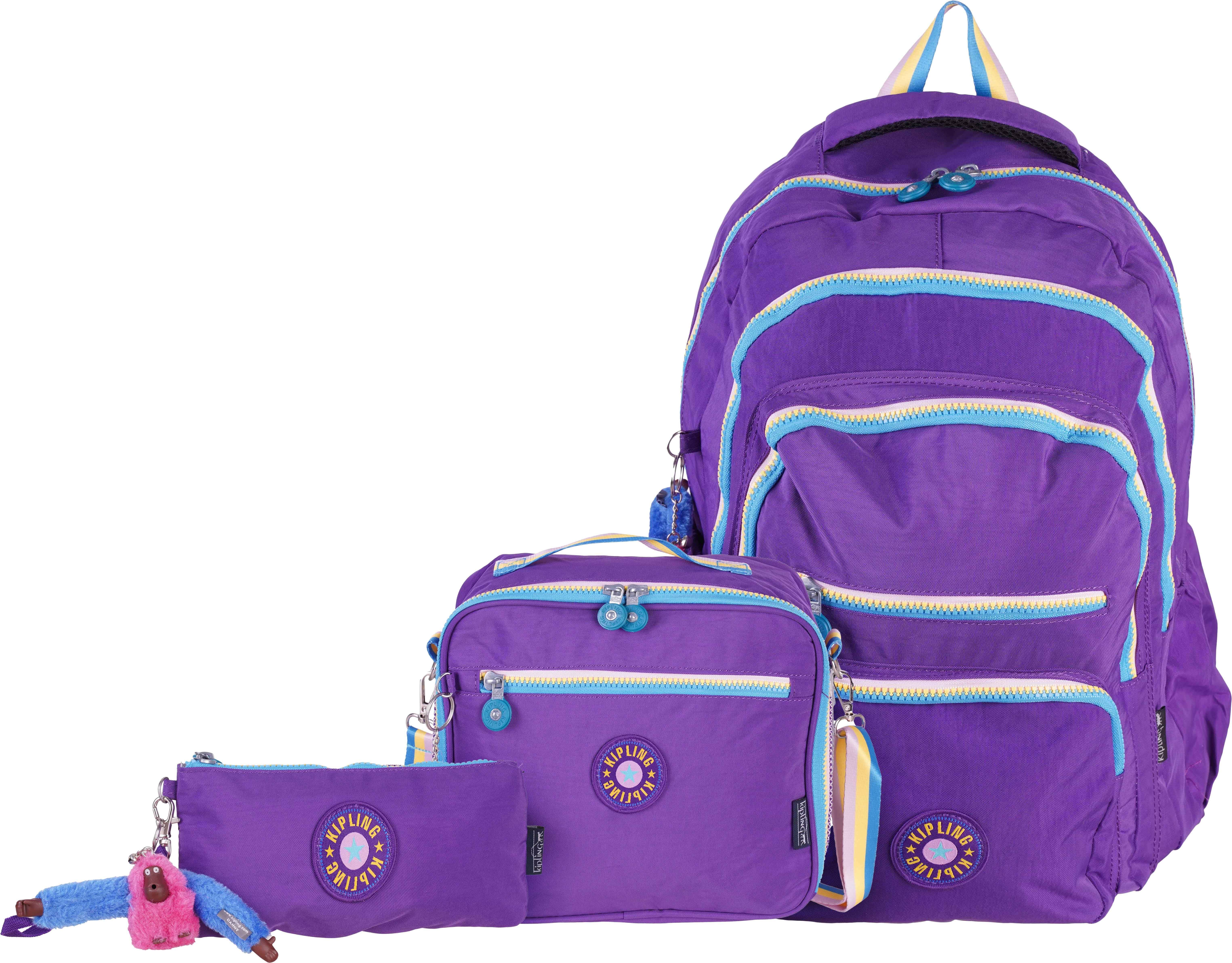 Three M Kipling waterproof Backpacks Bag For Girls, 18 Inch, 3 Pieces, 5 Zippers - Mauve