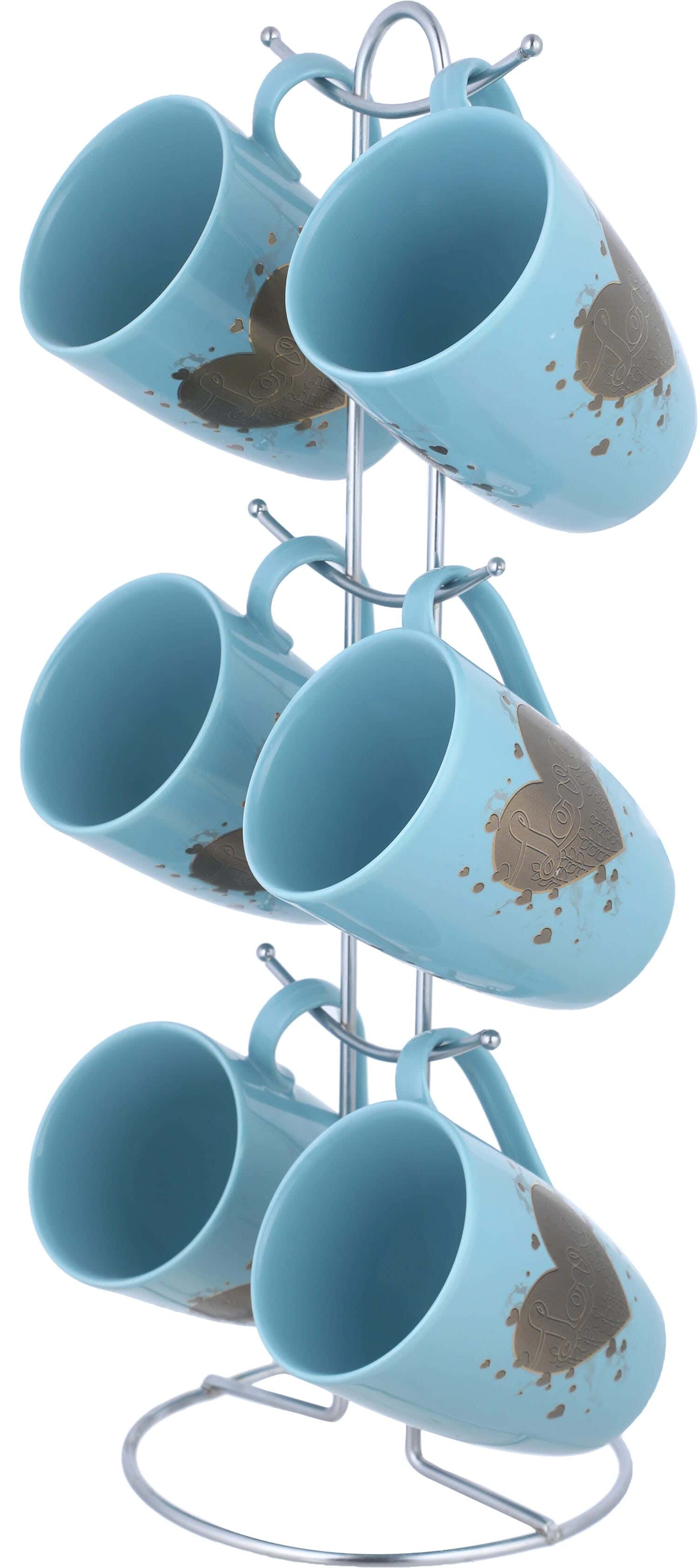 Lotus Porcelain Mug Set, With Stainless Steel Stand, 6 Pieces, 350 ml - Light Blue Gold