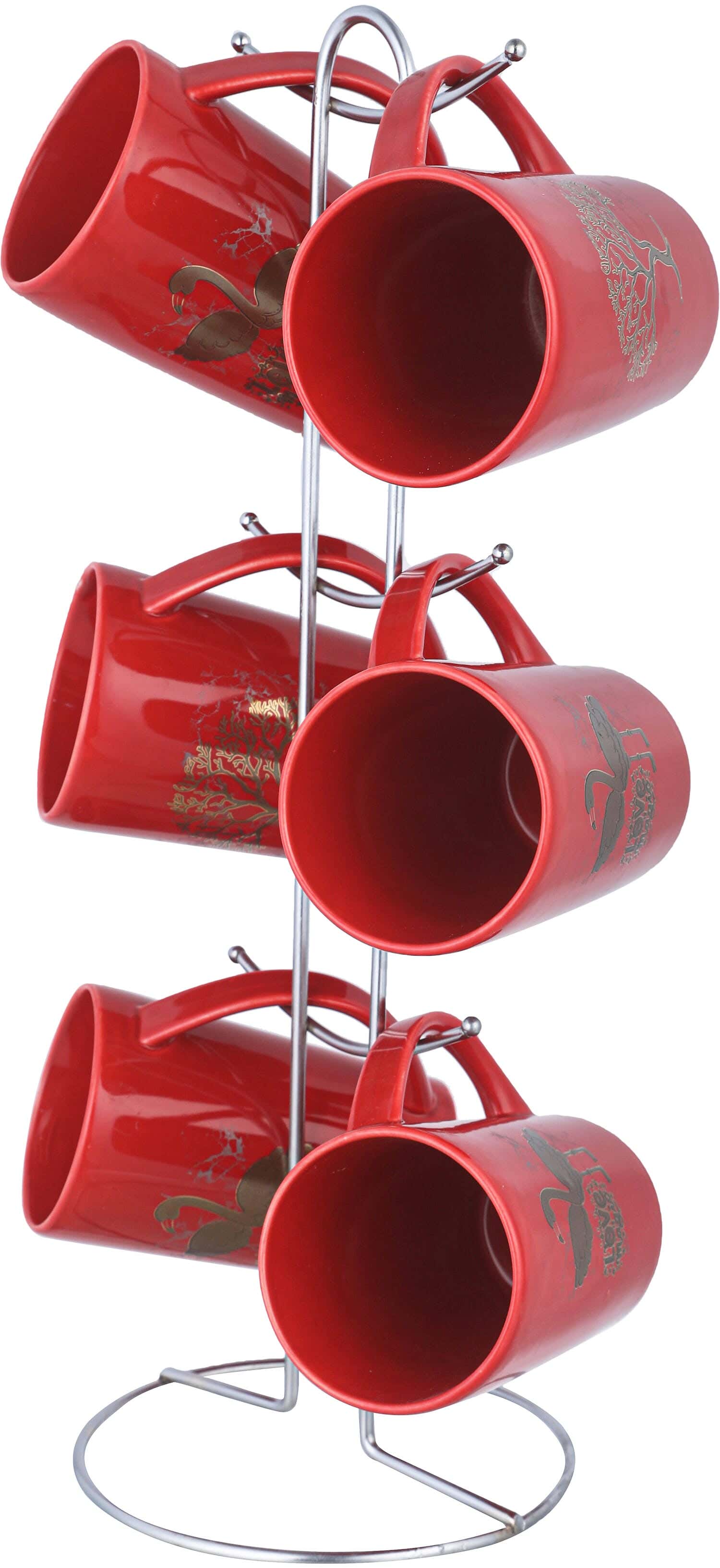 Lotus Porcelain Mug Set, With Stainless Steel Stand, 6 Pieces, 350 ml - Red Gold