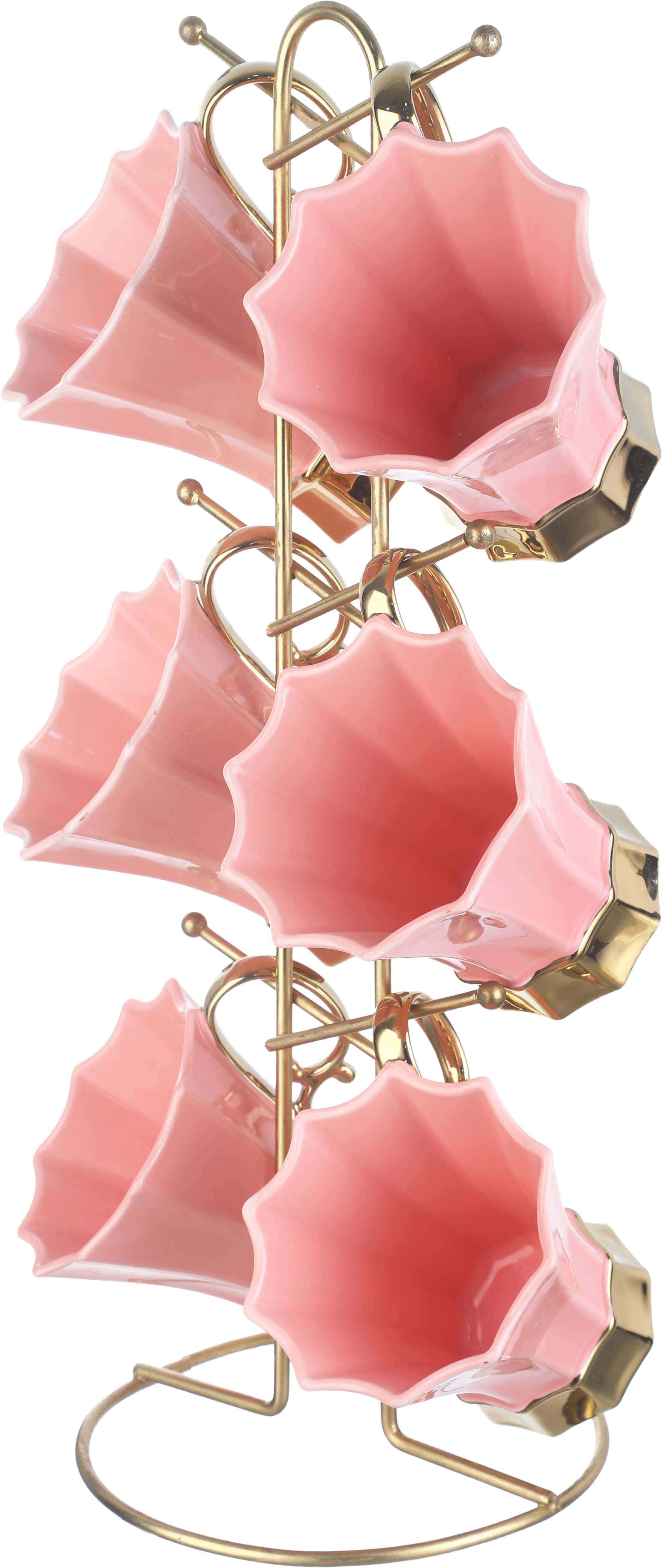 Lotus Porcelain Mug Set, 6 Pieces, 350 ml, with Stand - Pink Gold