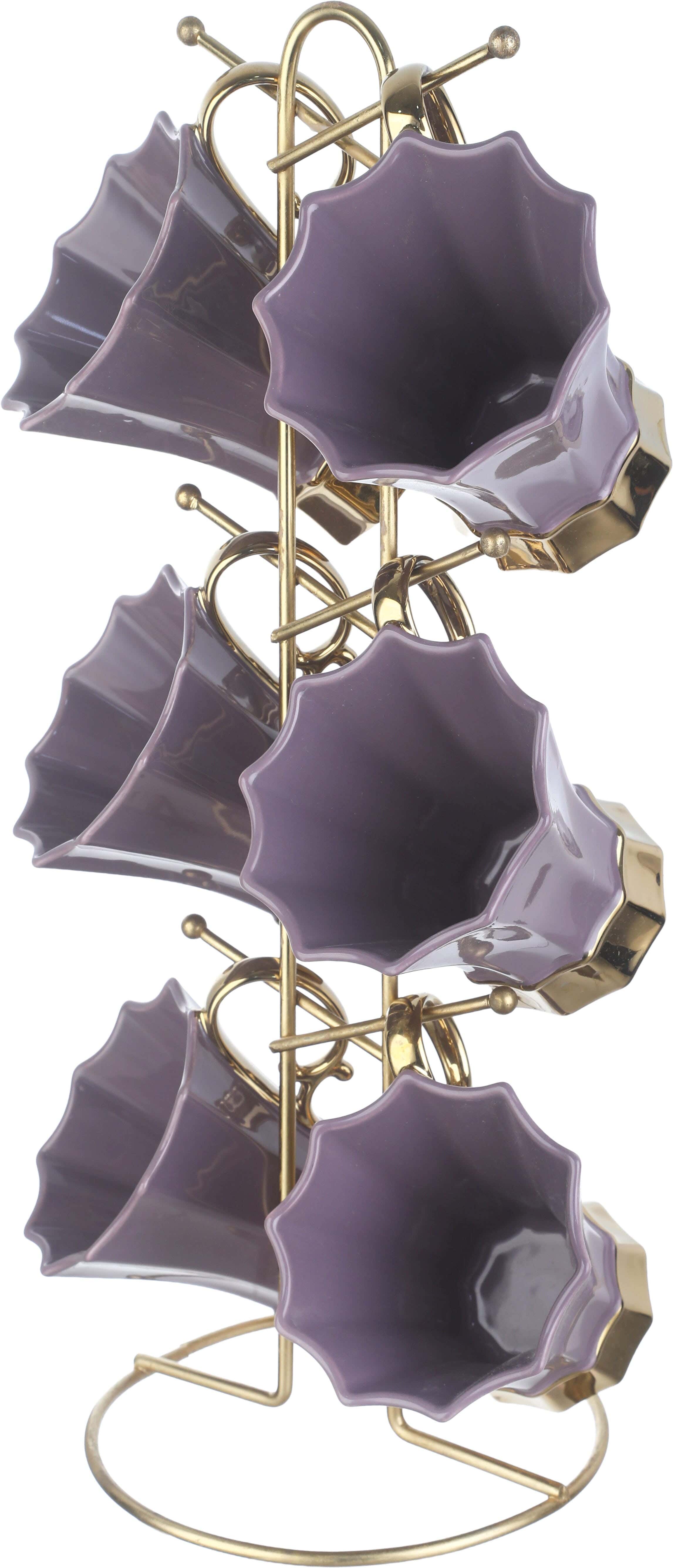 Lotus Porcelain Mug Set, 6 Pieces, 350 ml, with Stand - Mauve Gold