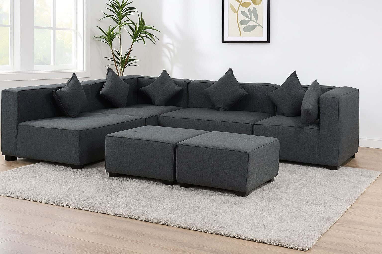 Musky Wood Sofa with Linen Upholstery, 6 Pieces, 330×195×70×85 cm, 6 Cushions - Grey