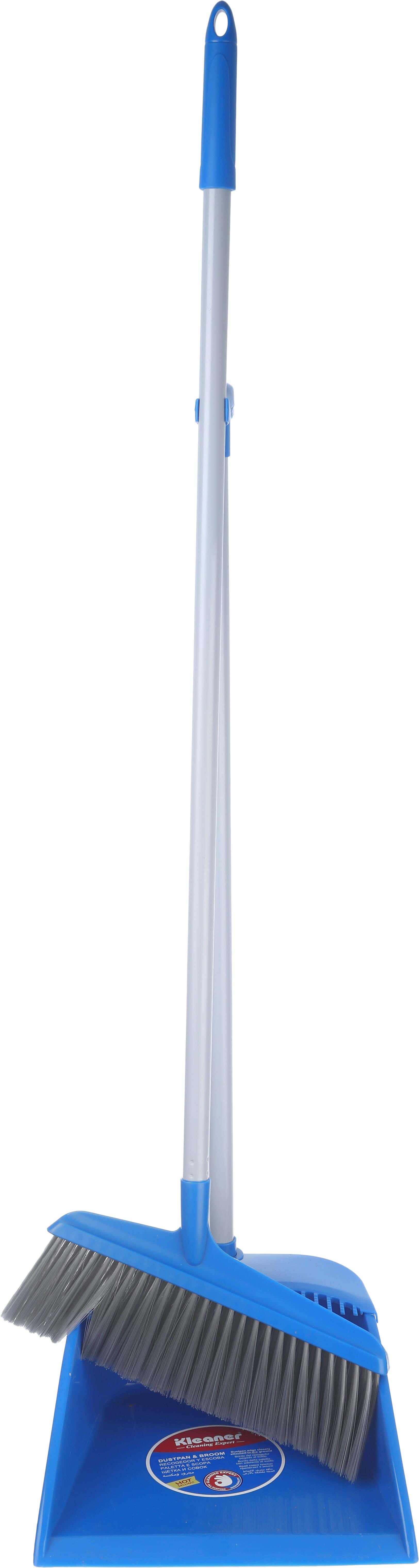 Kleaner Plastic Floor Cleaning Brush with Dustpan, 2 Metal Handle - Blue Grey