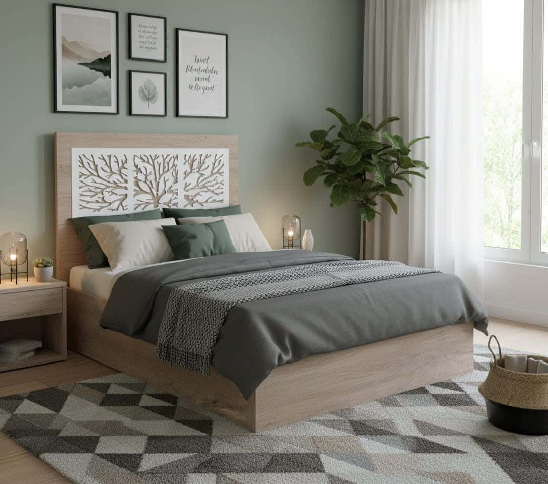 Counter Wood Bed, 160x195 cm, Back Height 120 cm, with 8 Wooden Slats - Beige