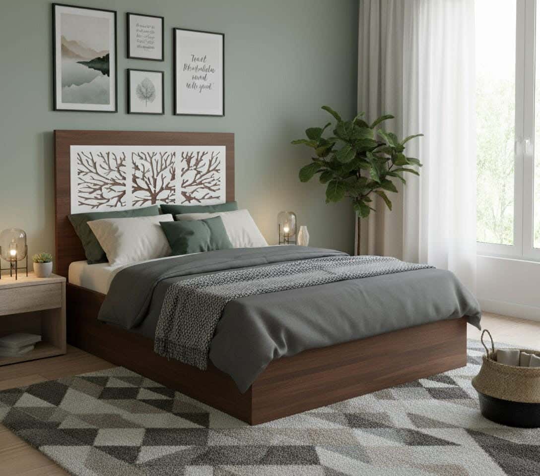 Counter Wood Bed, 160x195 cm, Back Height 120 cm, with 8 Wooden Slats - Brown