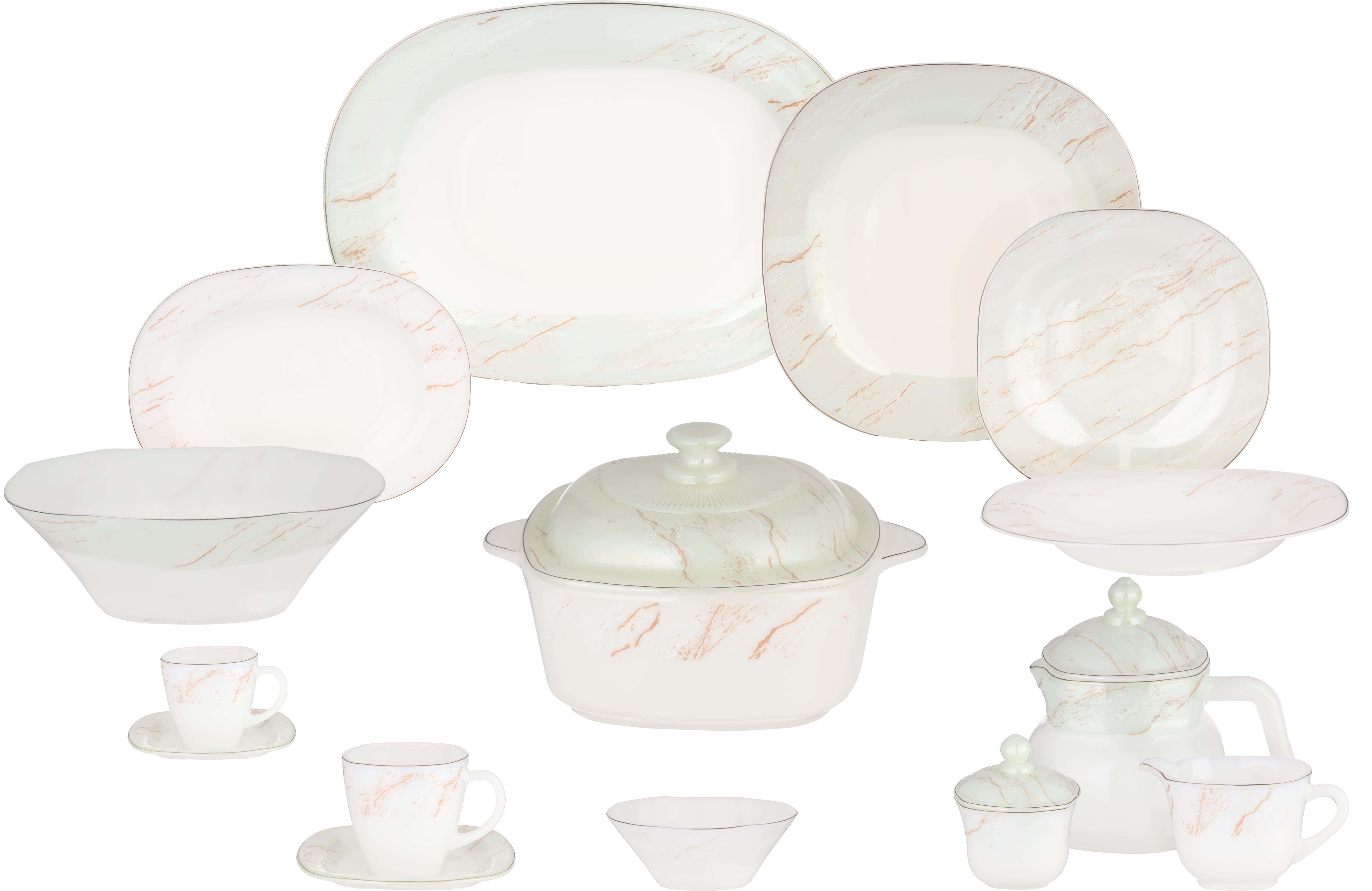 GEMYA Arcopal Square Dinner Set, 58 Pieces - Off White Light Green