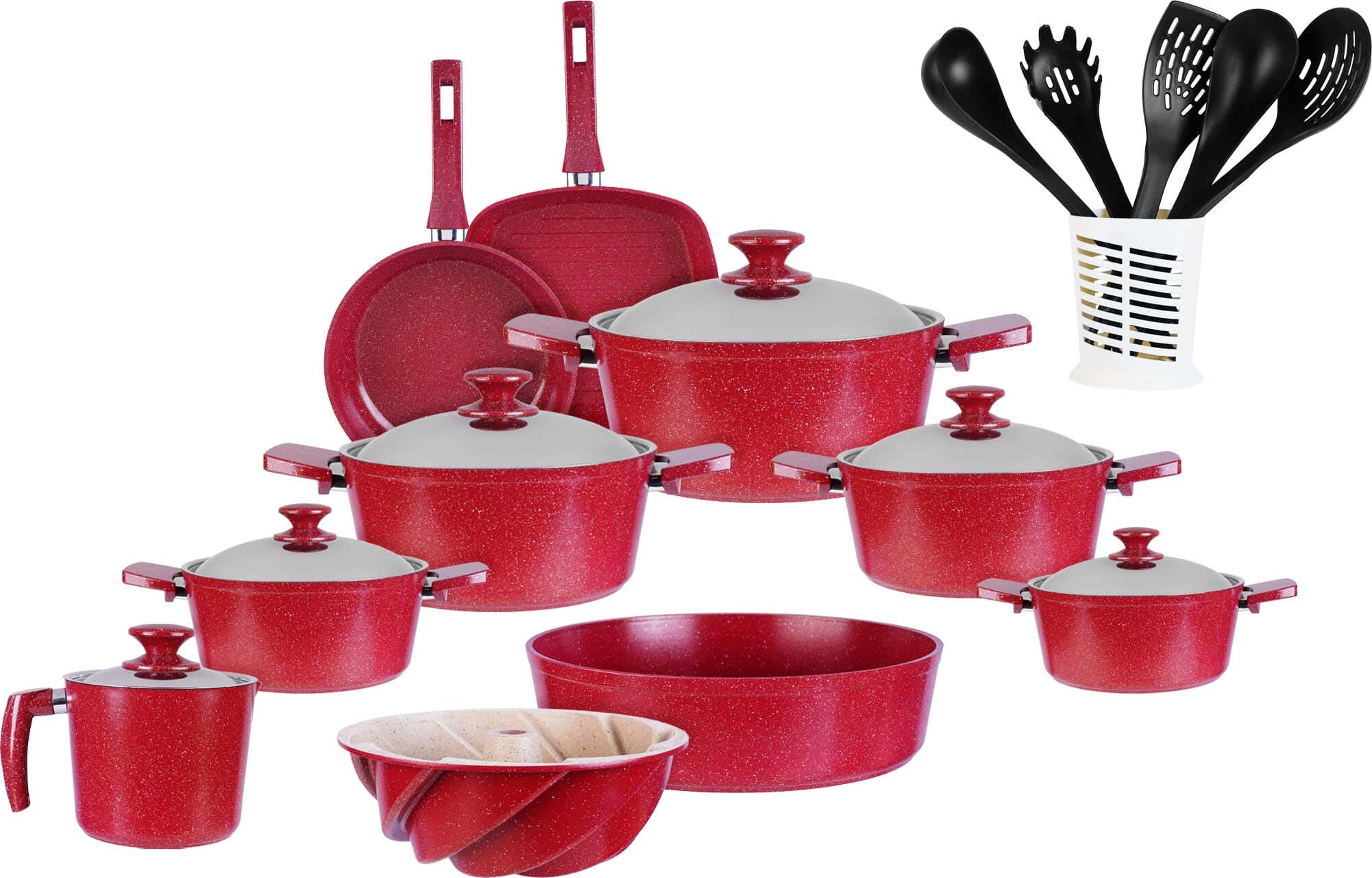 Ideal Home Granite Pots Set, 21 Pieces - Red