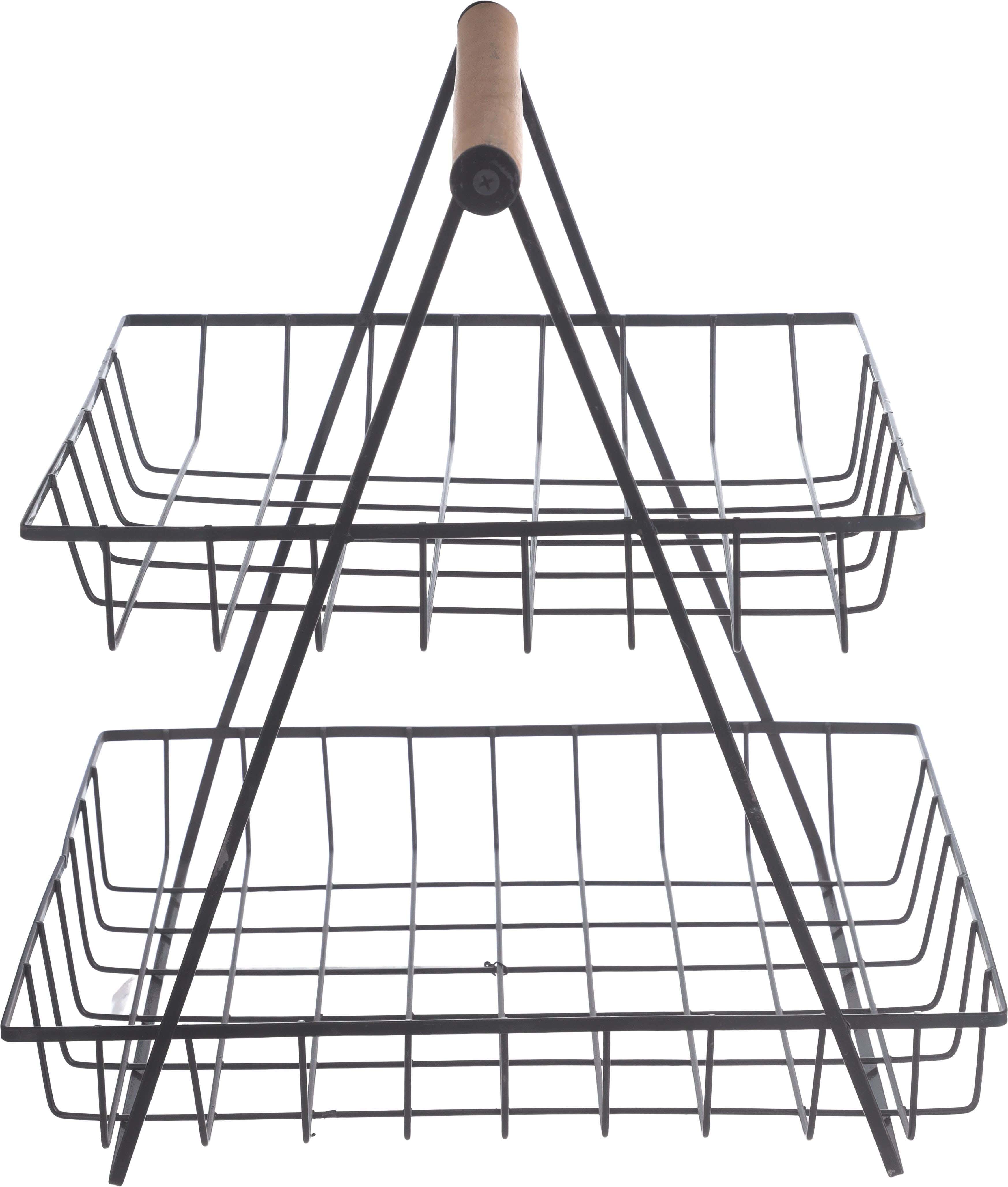 Metal Fruit Carrier, 2 Tiers, Wooden Handle, 35×24×33 cm, approximately 950 grm - Black wooden