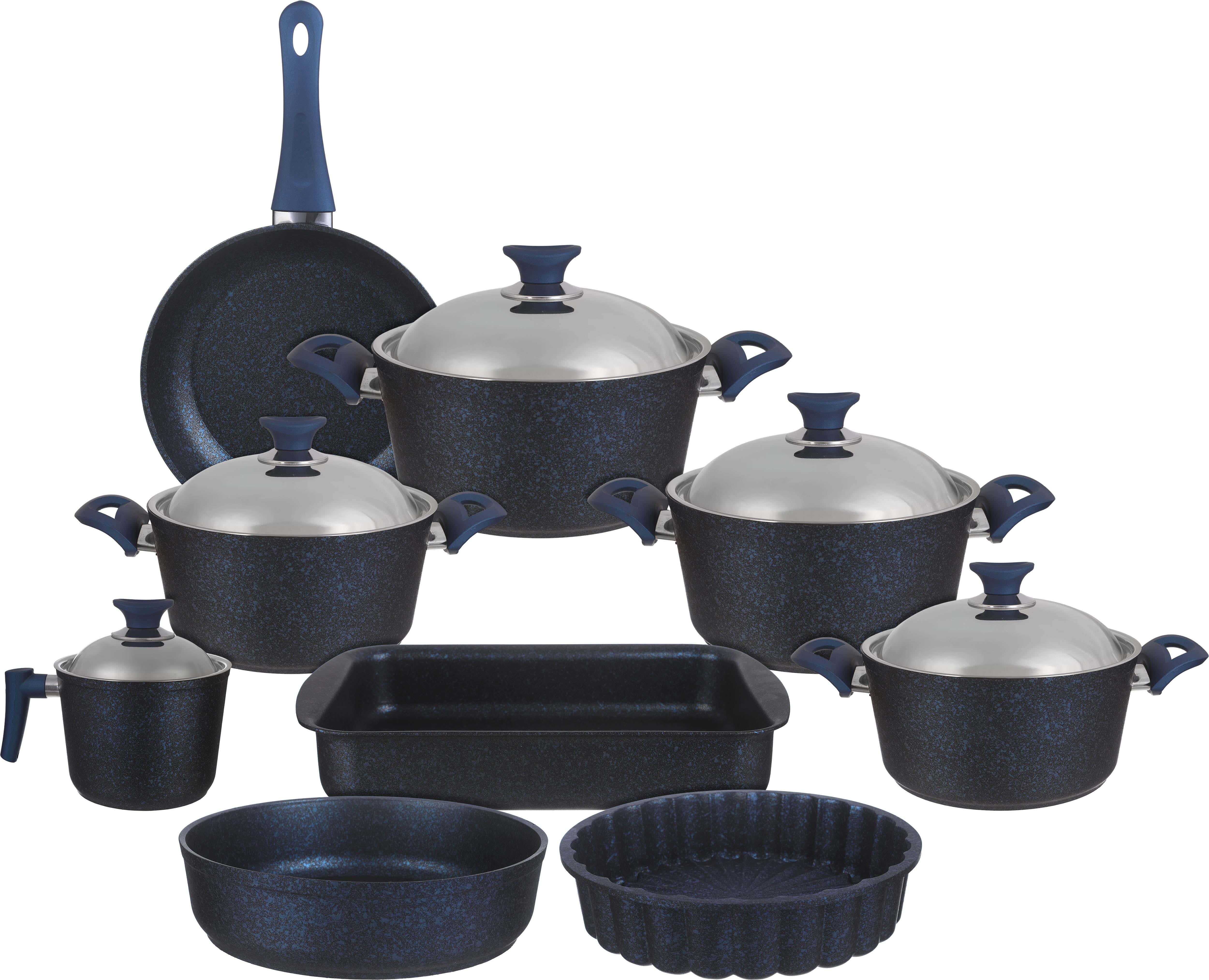 Veronia Granite Pots Set, 14 Pieces, Stainless Steel Lid - Blue
