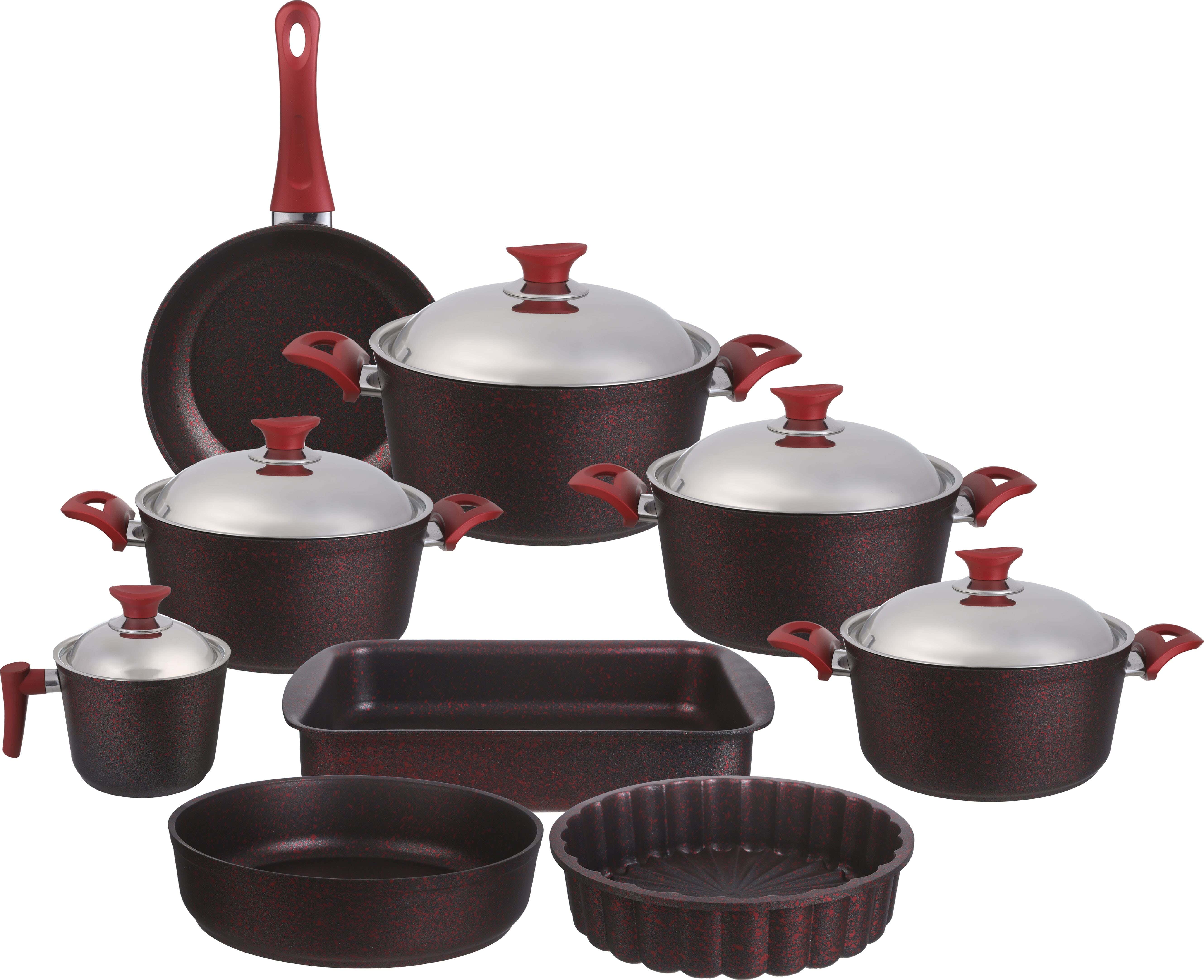 Veronia Granite Pots Set, 14 Pieces, Stainless Steel Lid - Red
