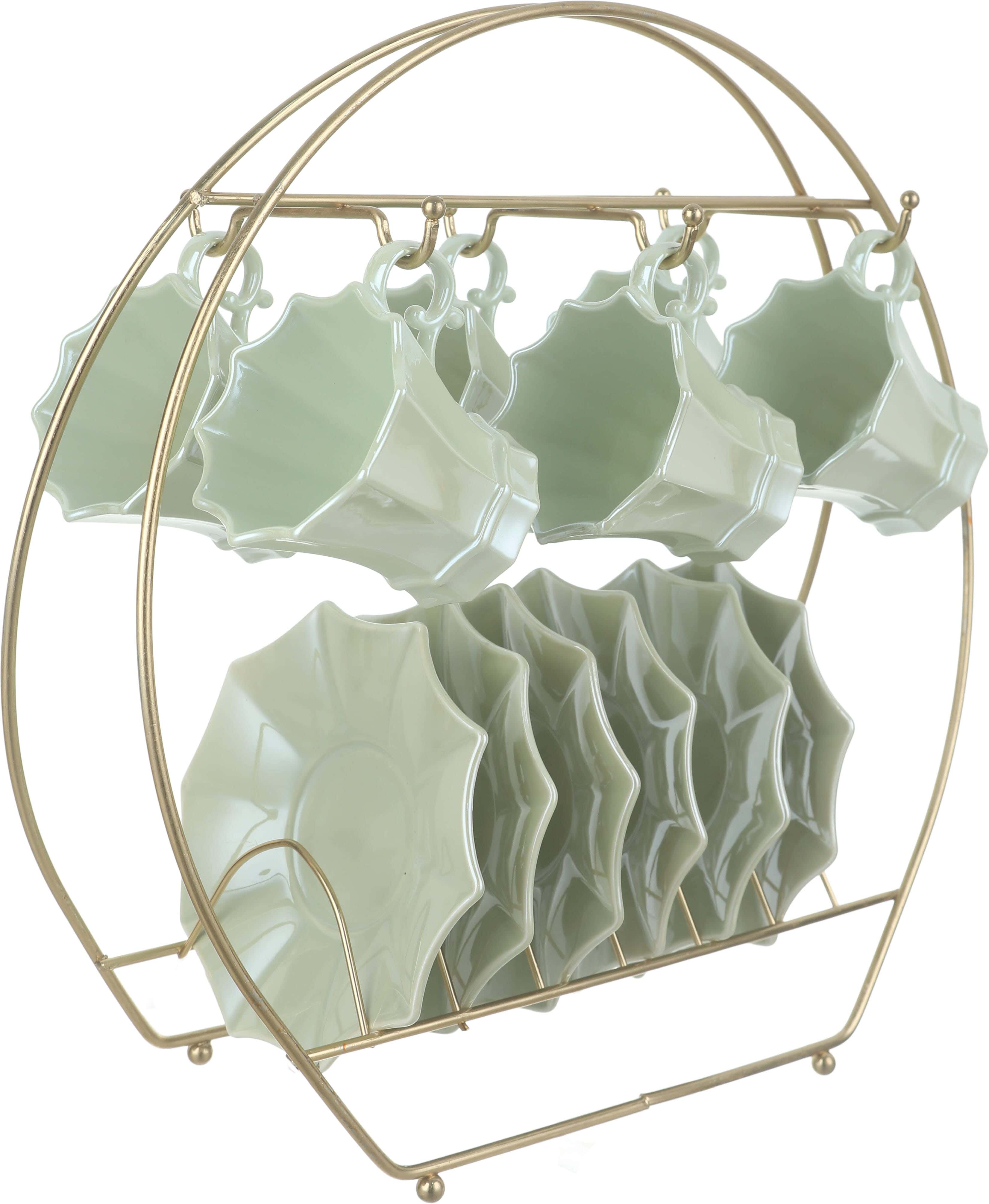 Lotus Porcelain Coffee Cup Set with Dishes, 12 pieces, with Metal Stand - Olive Gold
