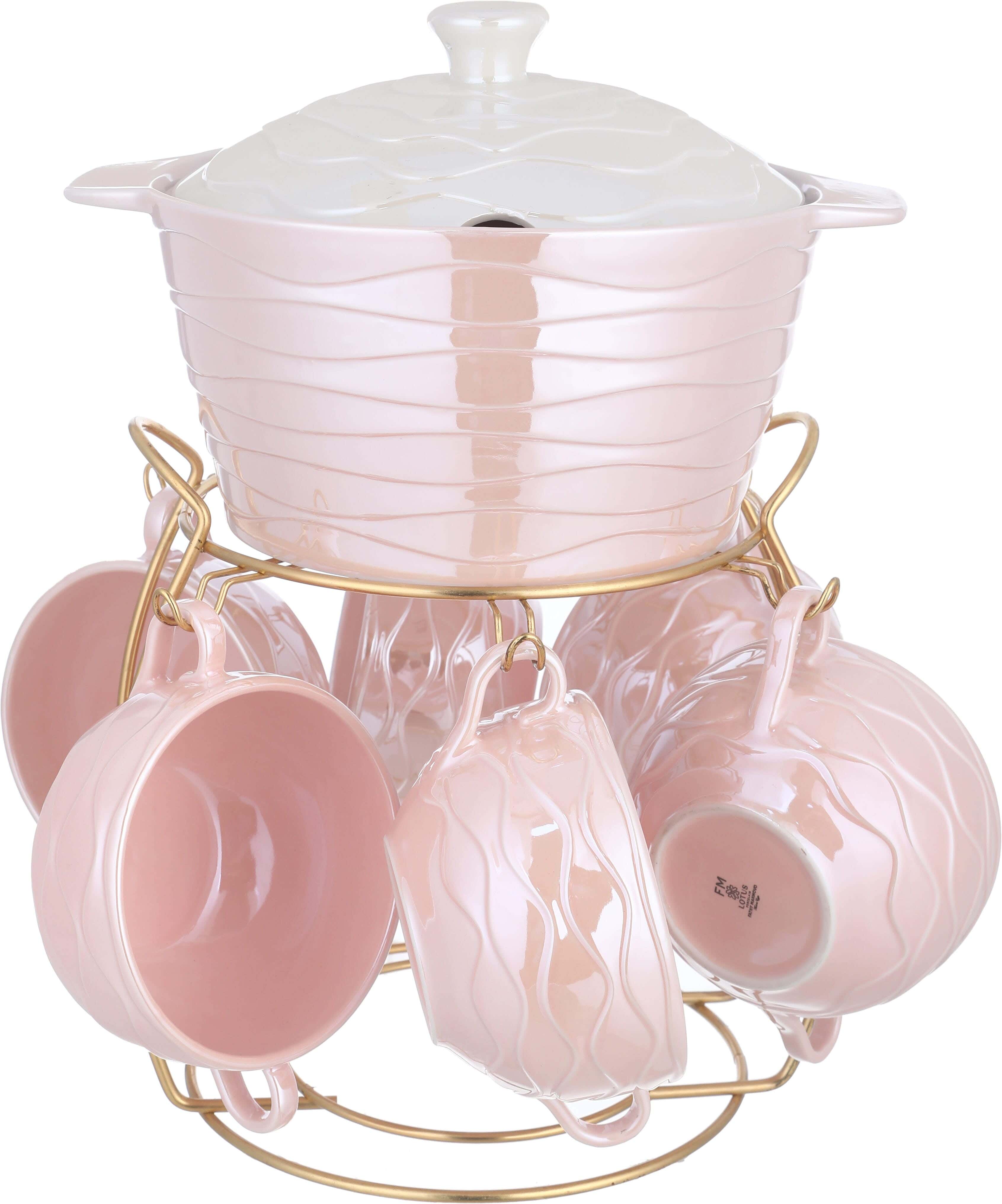 Lotus Porcelain Bowl Set, 8 Pieces, with Stand - Rose White