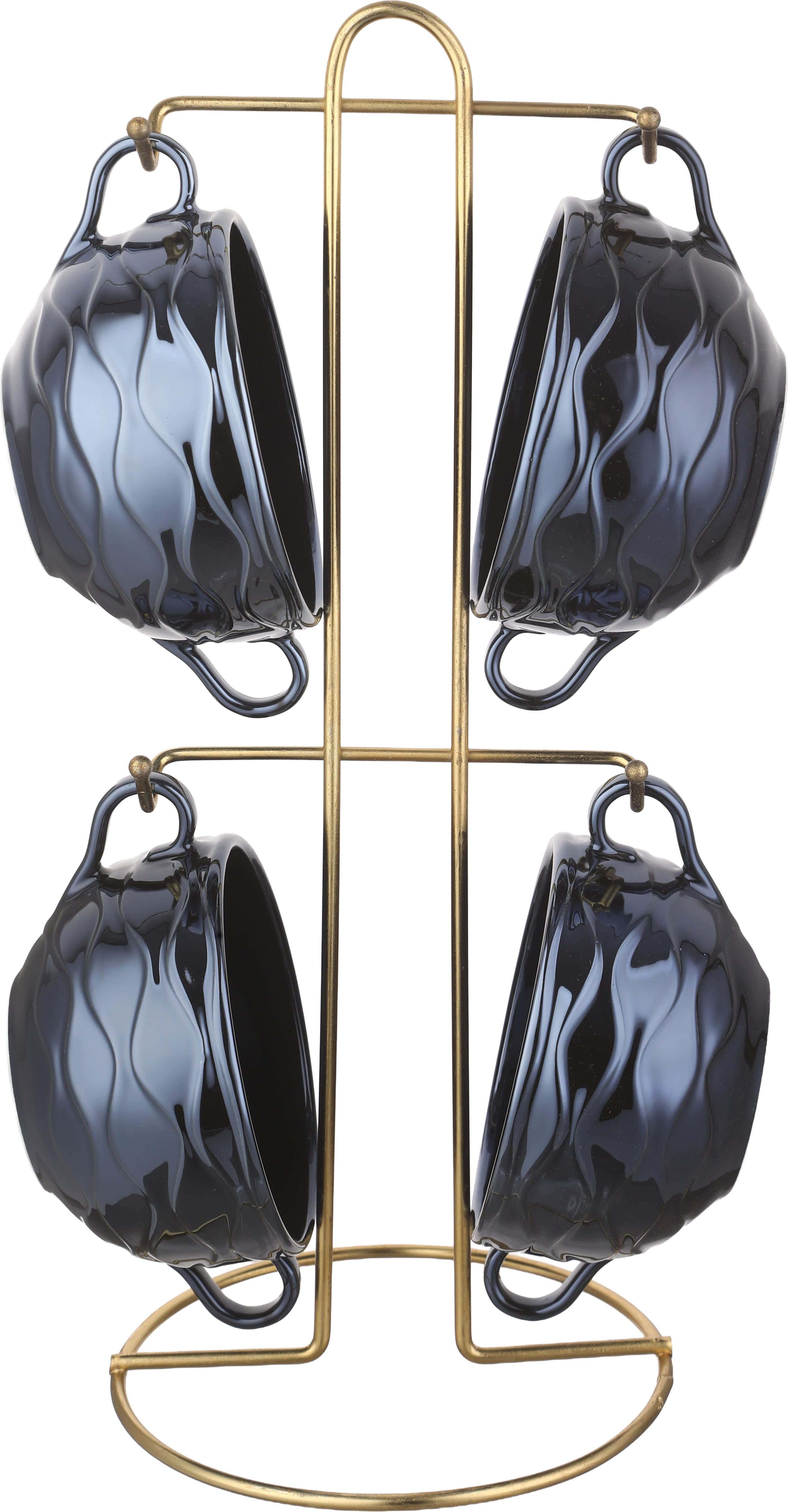 Lotus Porcelain Soup Bowl Set, 4 Pieces, 400 ml, with Stand - Black