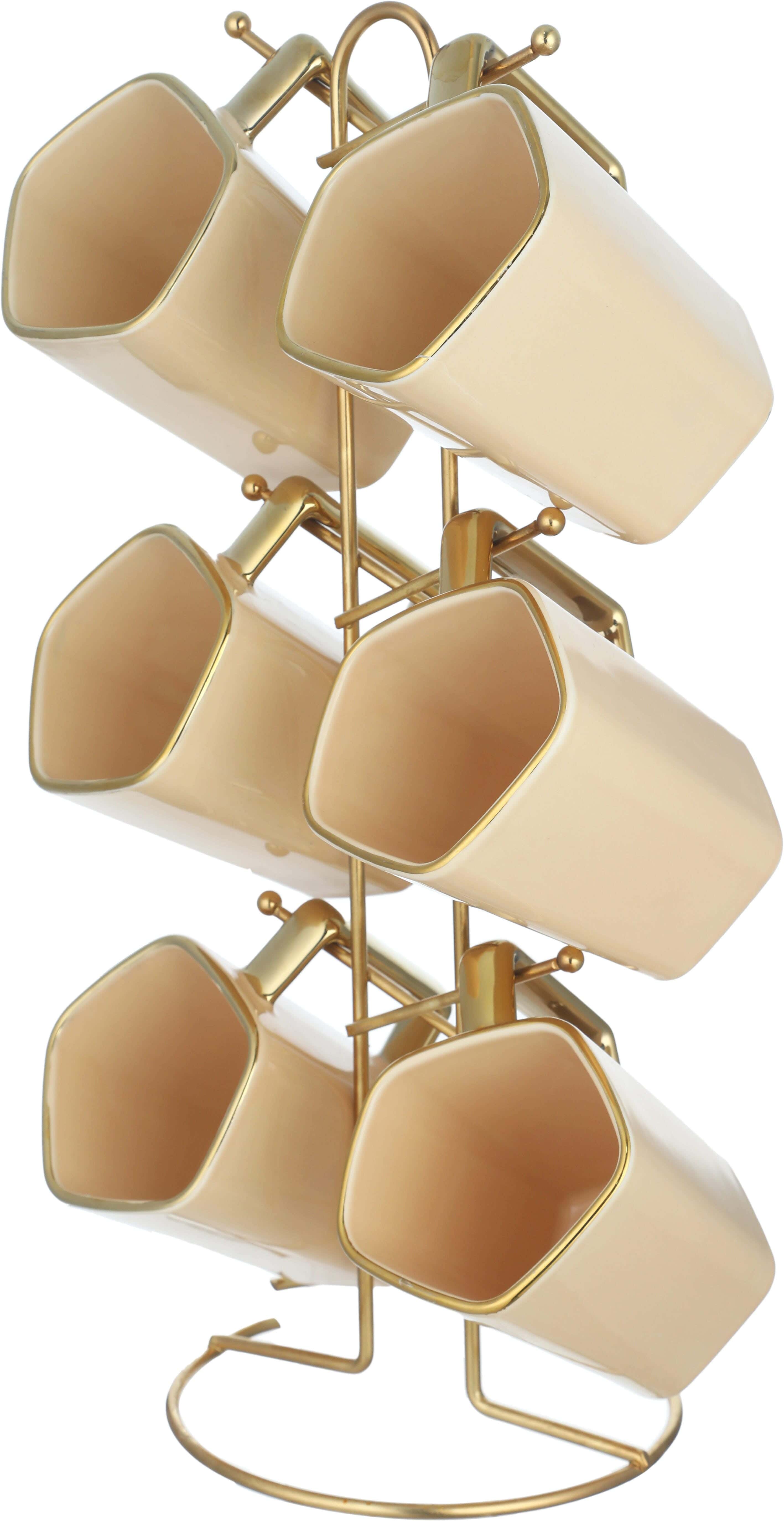 Lotus Porcelain Mug Set, 6 Pieces, with Metal Stand - Beige Gold