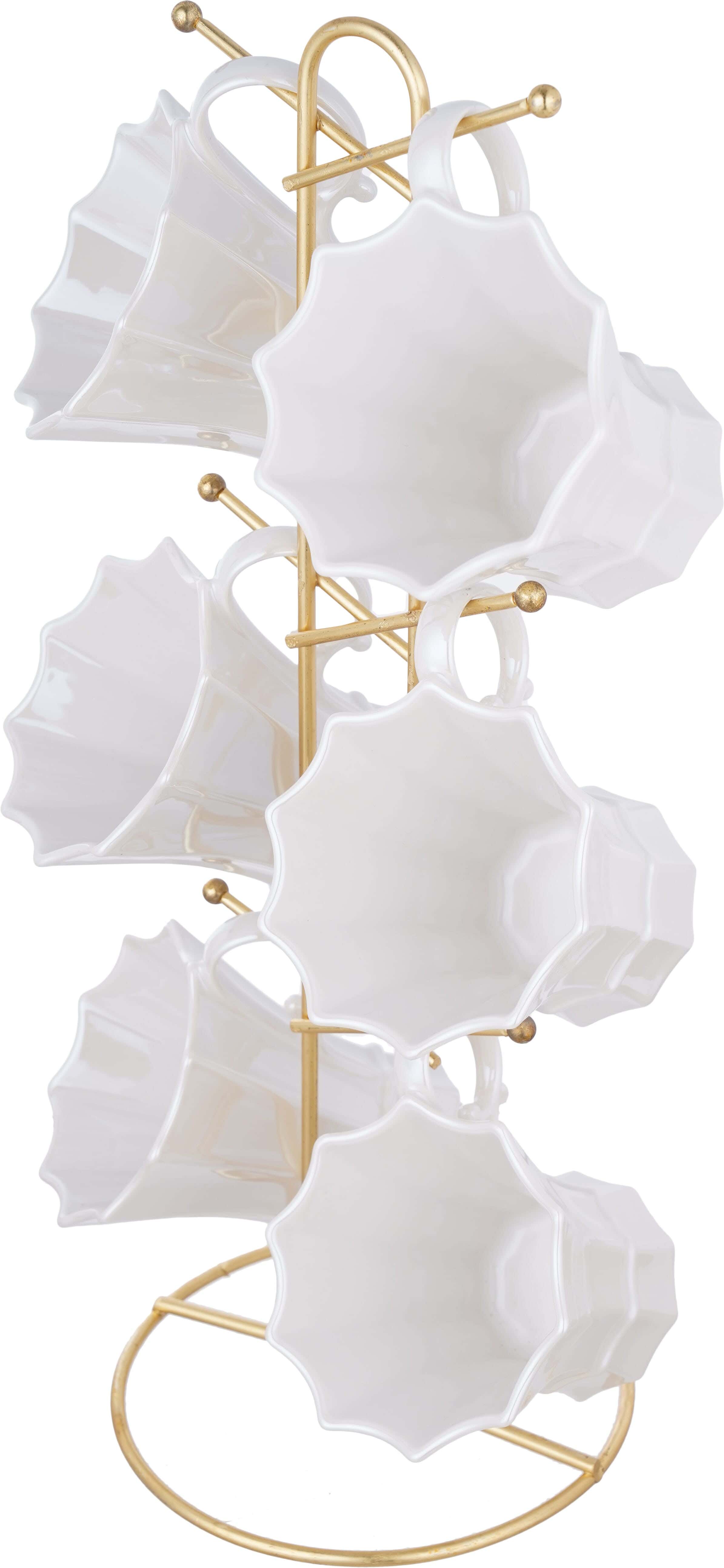 Lotus Porcelain Mug Set, 6 Pieces, With Metal Stand - Light Beige