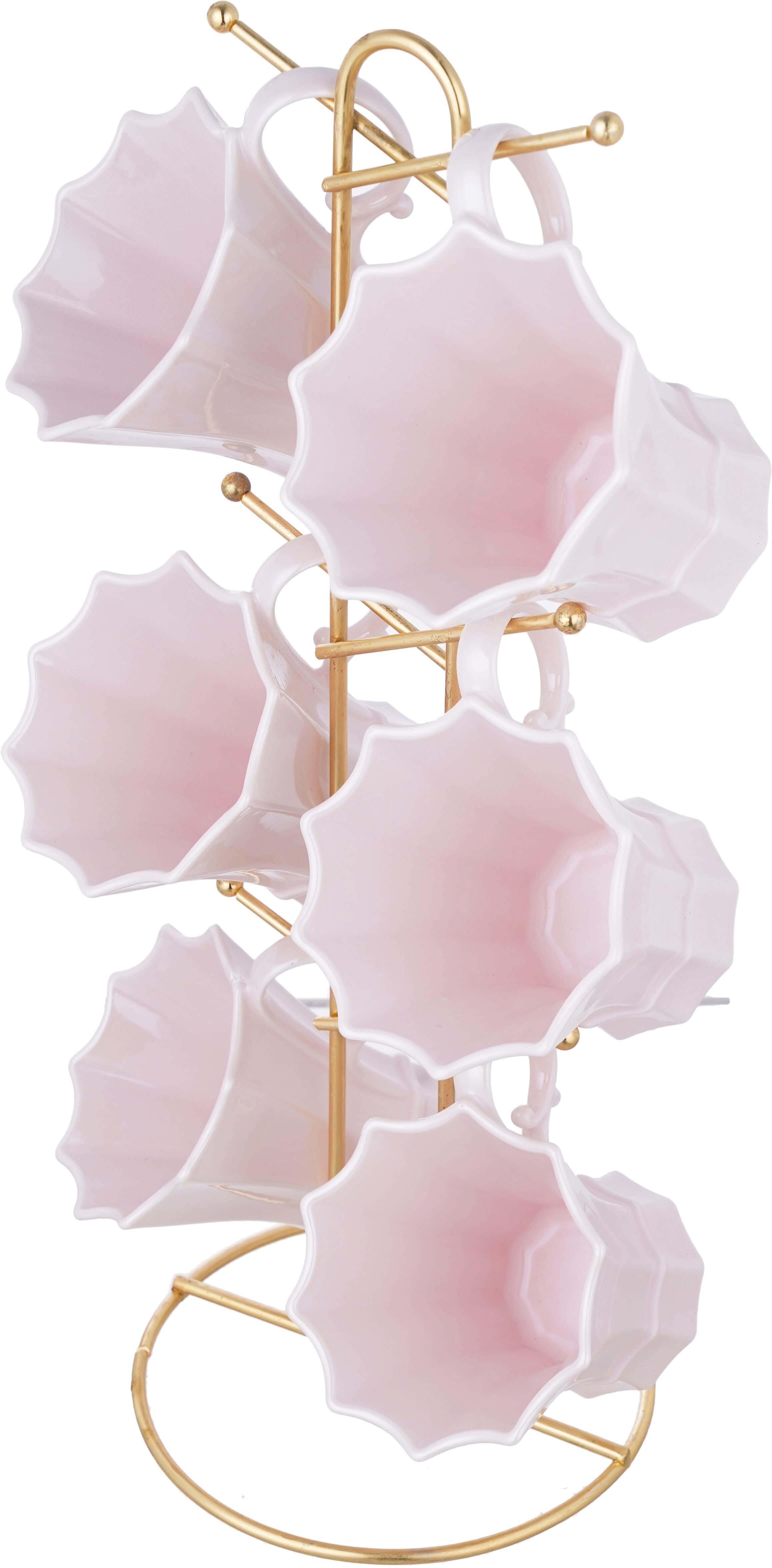 Lotus Porcelain Mug Set, 6 Pieces, With Stand - Rose