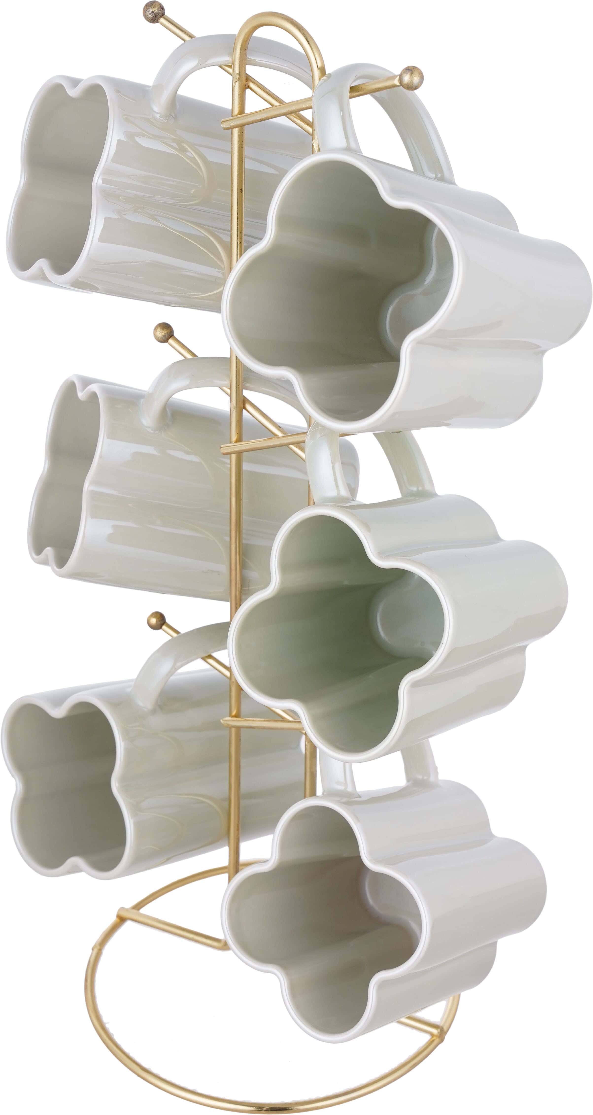 Lotus Porcelain Mug Set, 6 Pieces, with Stand - Olive Gold