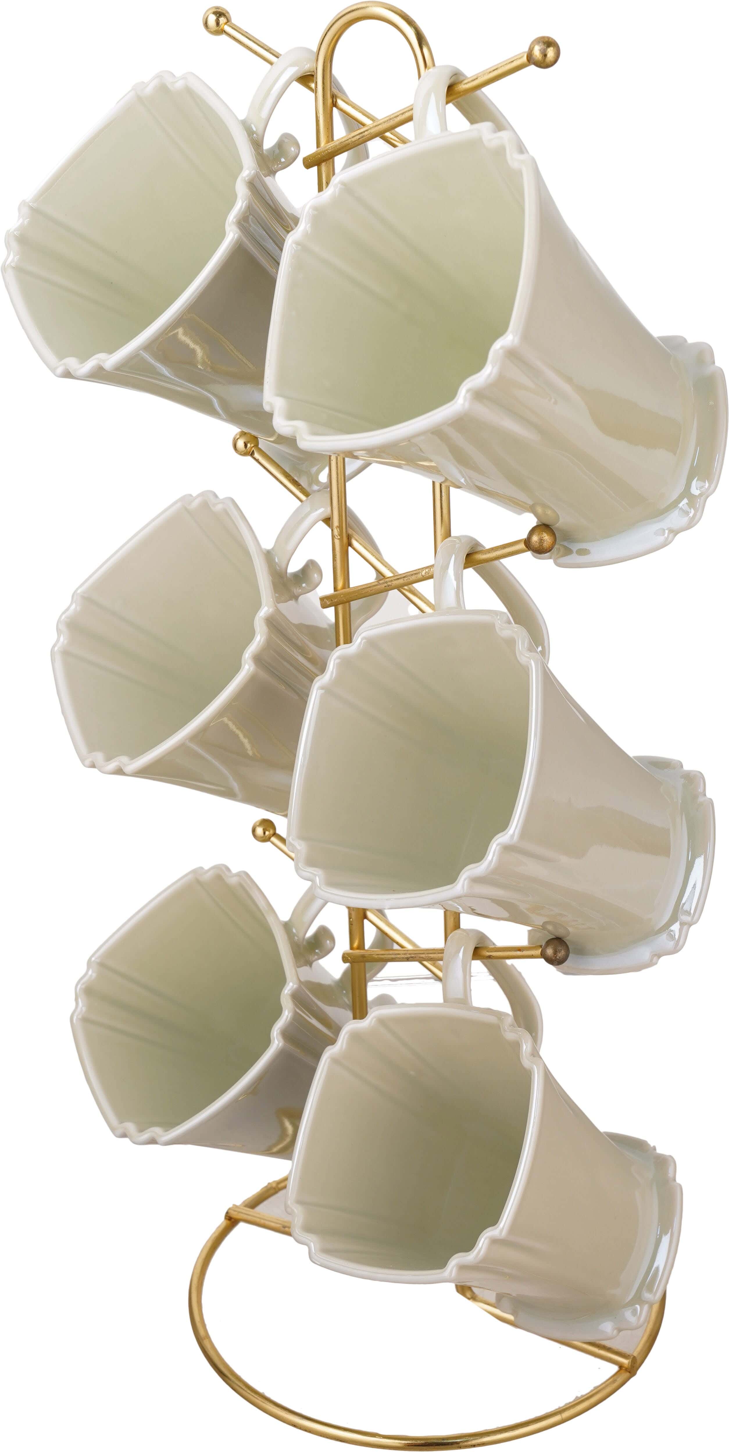 Lotus Porcelain Mug Set, 6 Pieces, with Stand - Olive