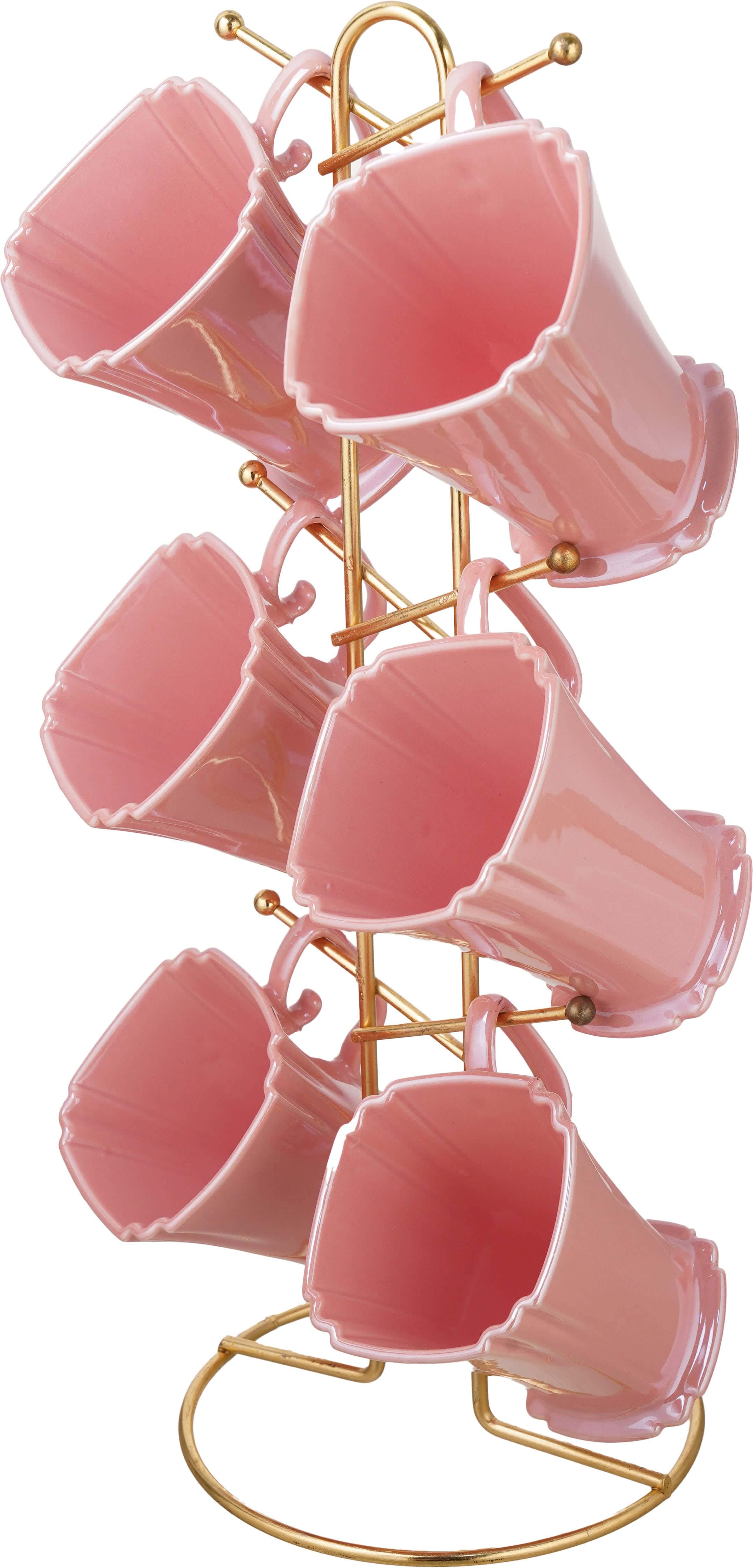 Lotus Porcelain Mug Set, 6 Pieces, with Stand - Pink