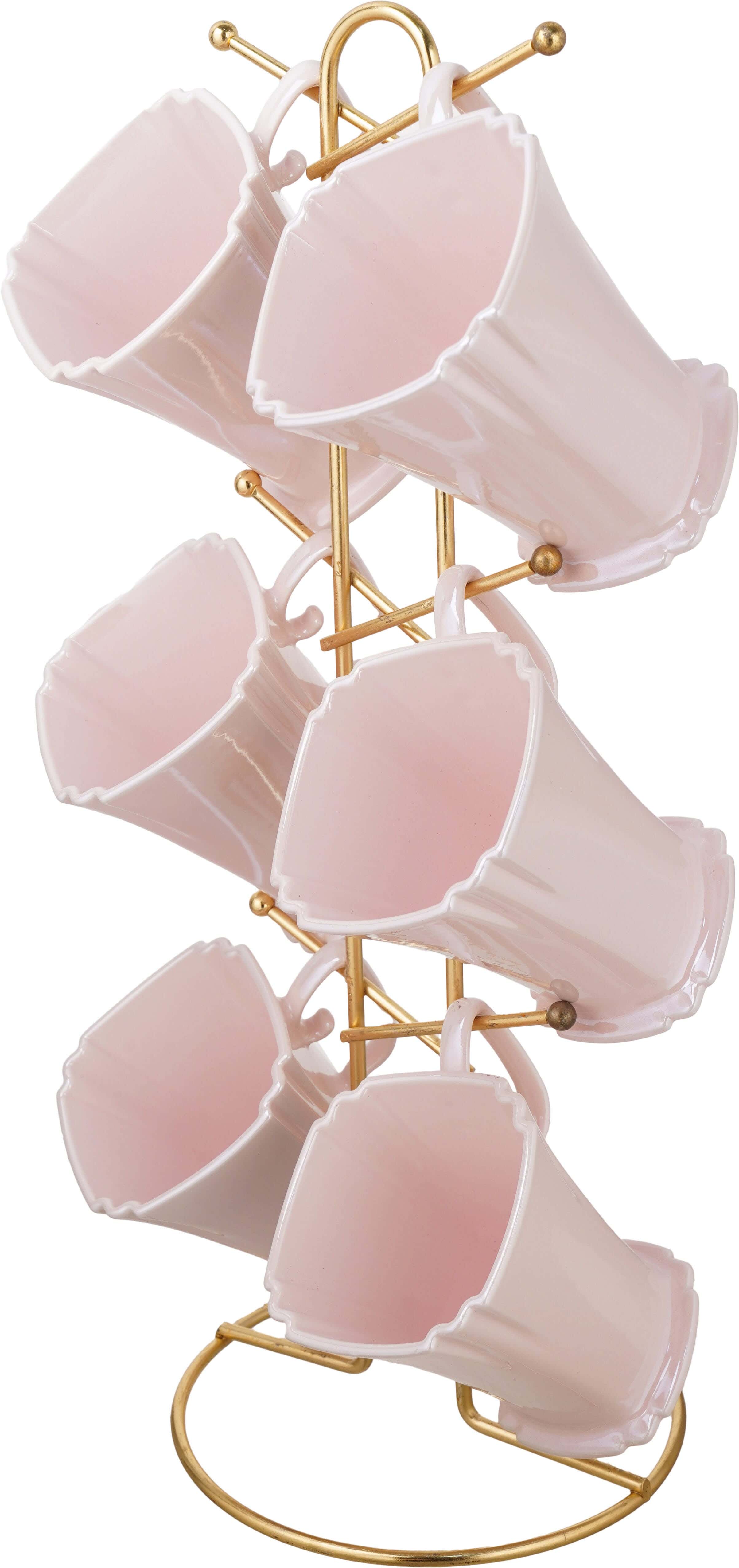 Lotus Porcelain Mug Set, 6 Pieces, with Stand - Rose