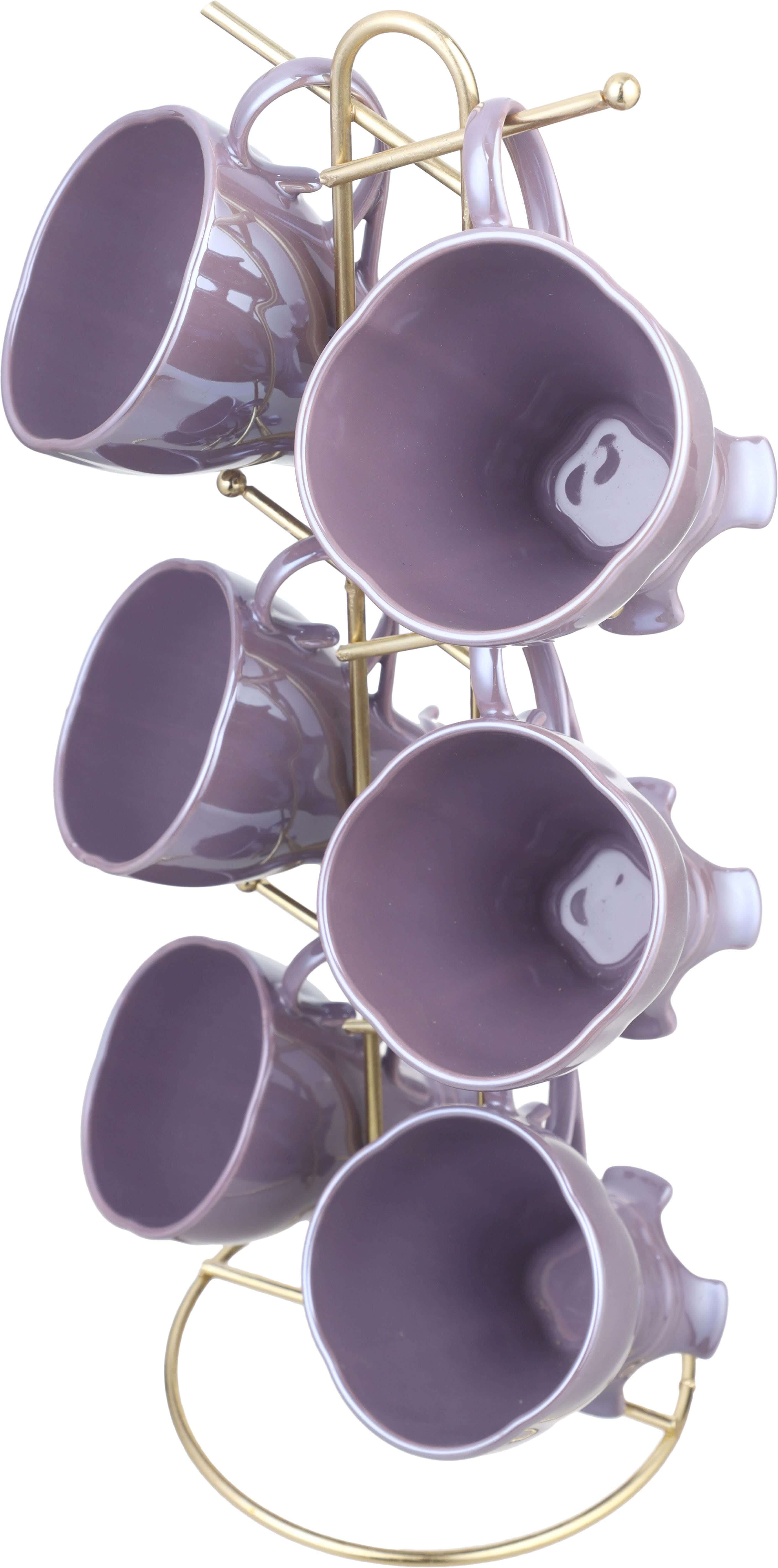 Lotus Porcelain Mug Set, 6 Pieces, 225 ml, with Stand - Mauve Gold