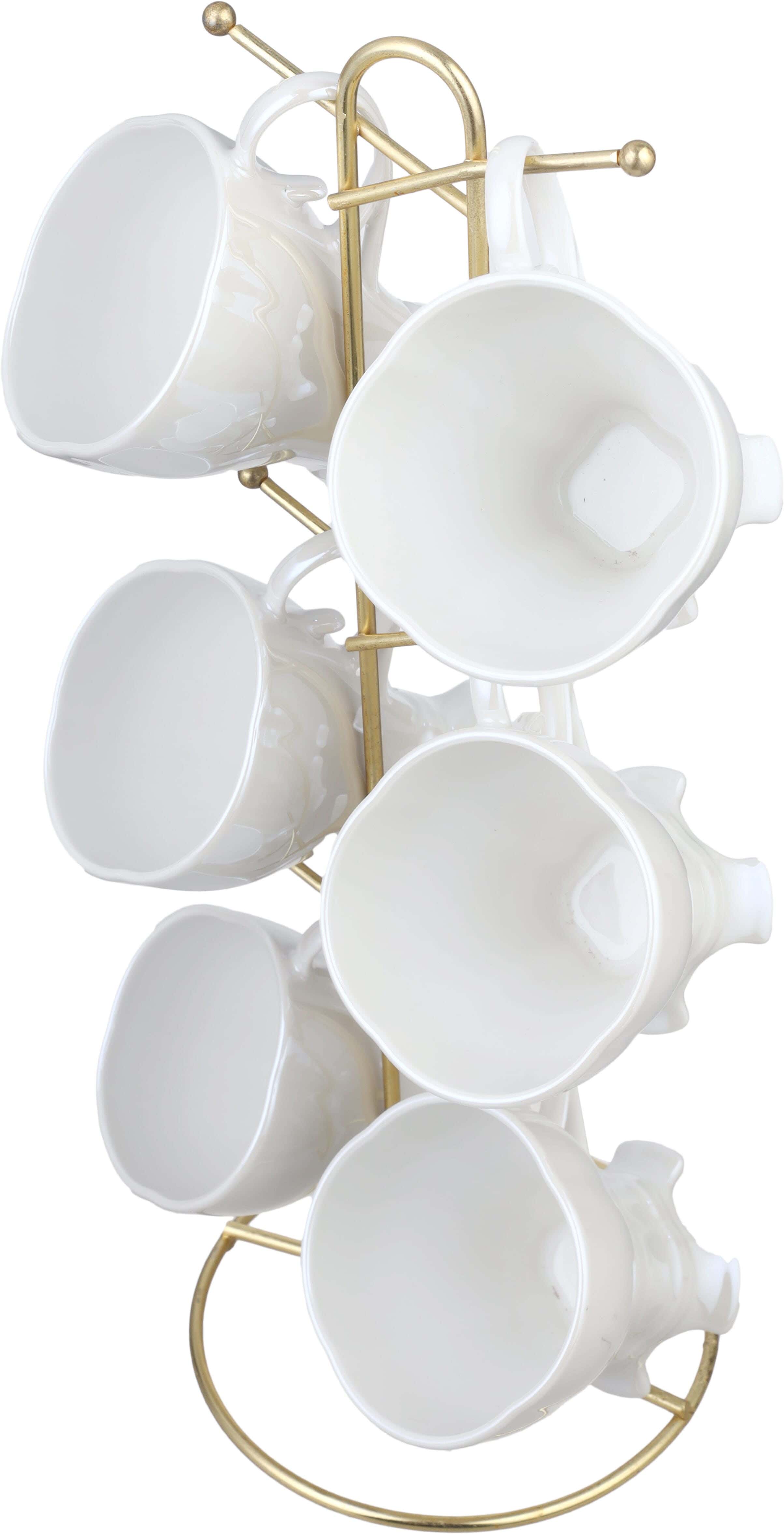 Lotus Porcelain Mug Set, 6 Pieces, 225 ml, with Stand - White Gold