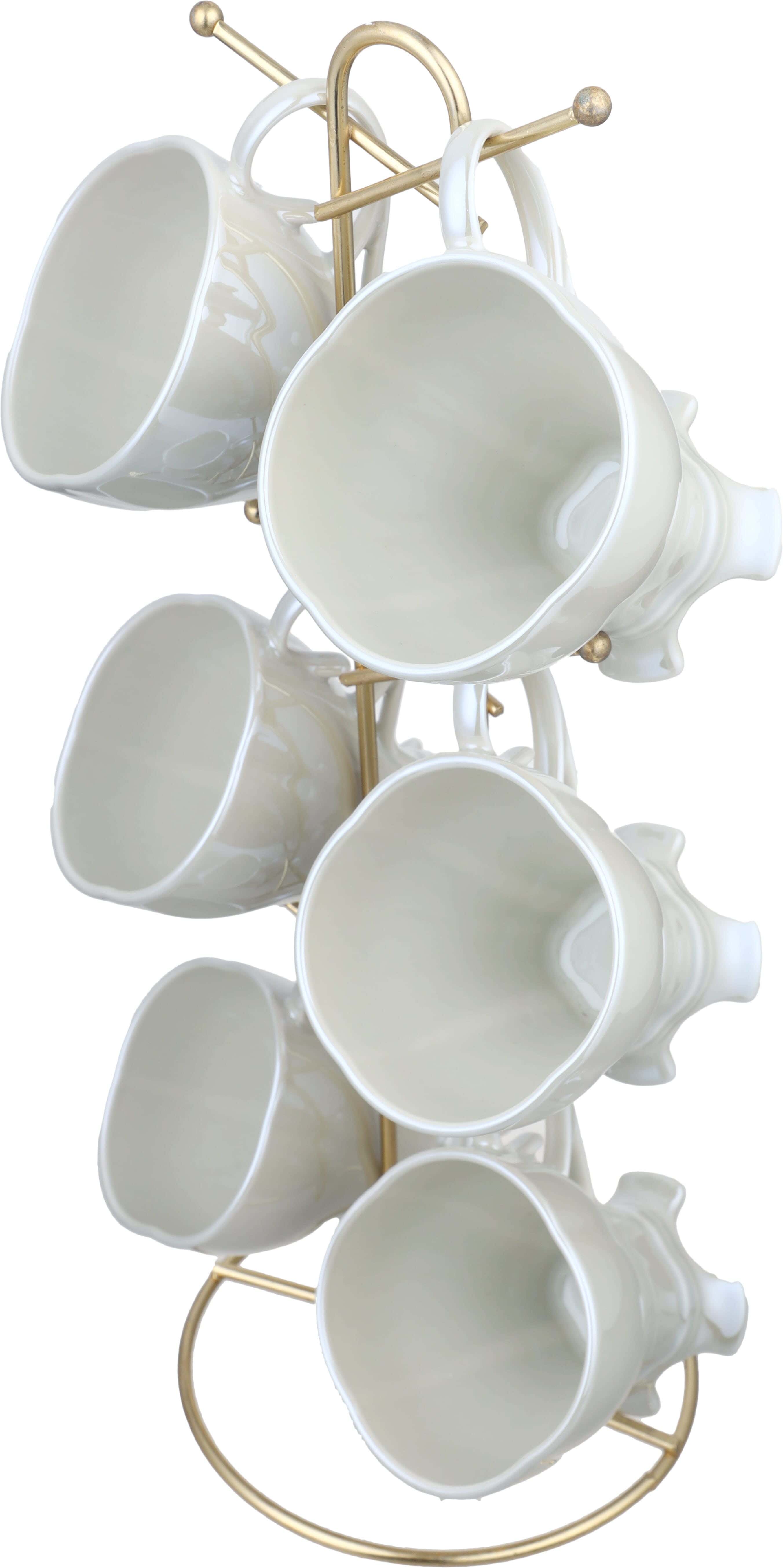 Lotus Porcelain Mug Set, 6 Pieces, with Stand - Olive