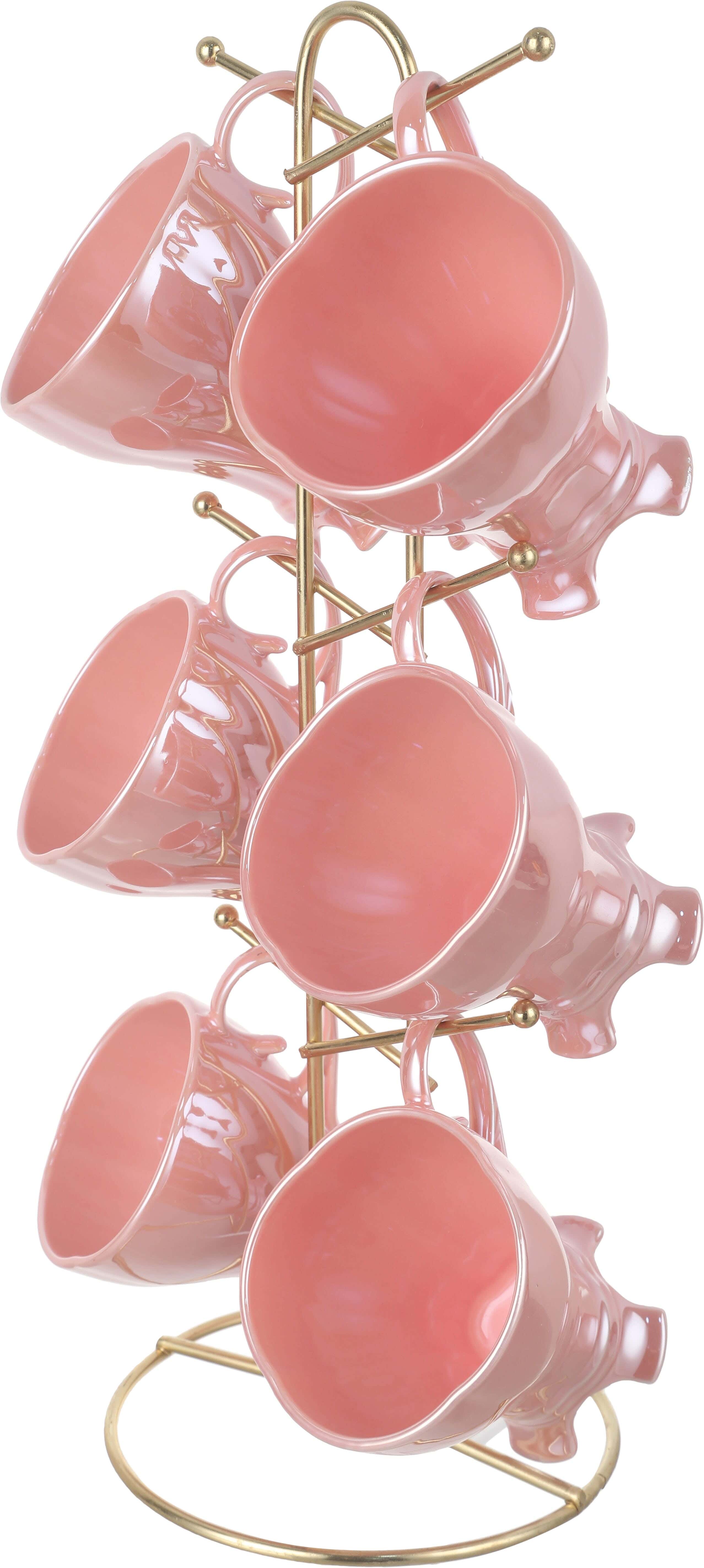 Lotus Porcelain Mug Set, 6 Pieces, with Stand - Rose Gold
