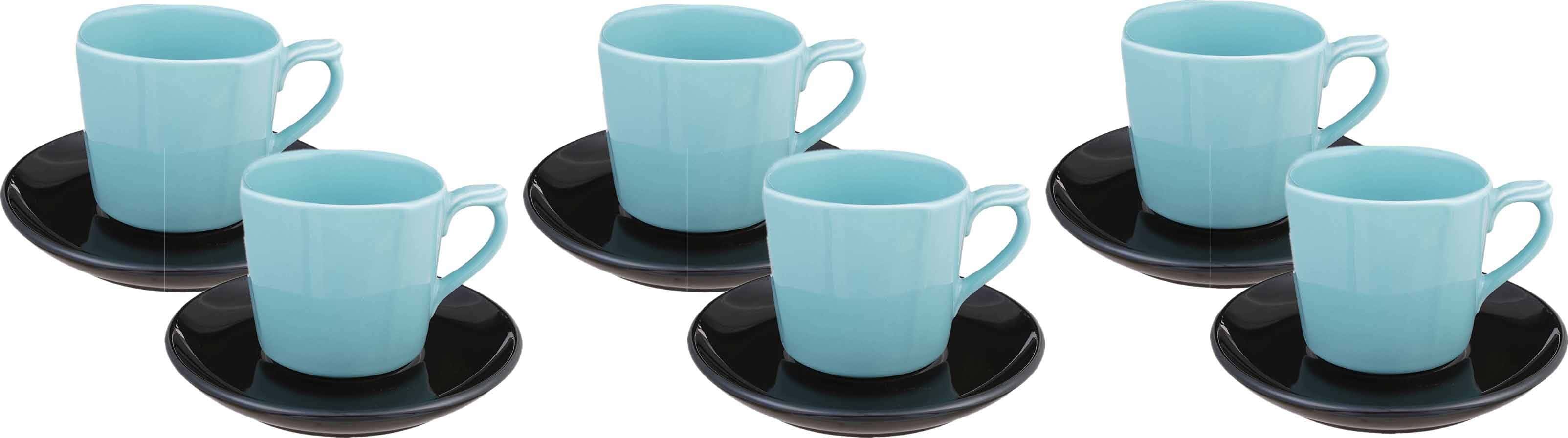 Lotus Porcelain Tea Cup and Saucer Set, 12 Pieces, 90 ml, 16 cm - Light Blue Black