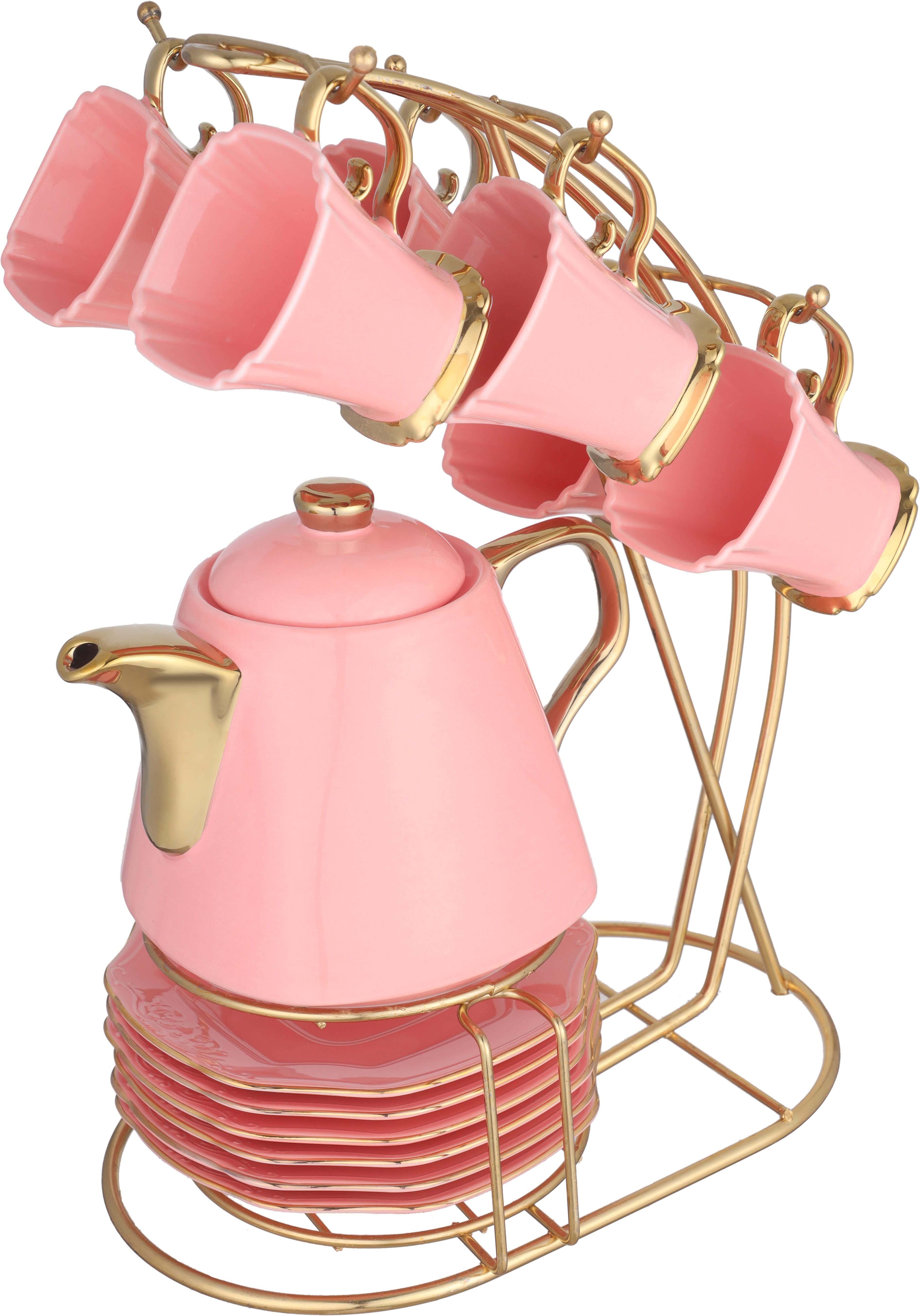 Lotus Porcelain Cocoa Set, 14 Pieces, with Stand - Rose Gold