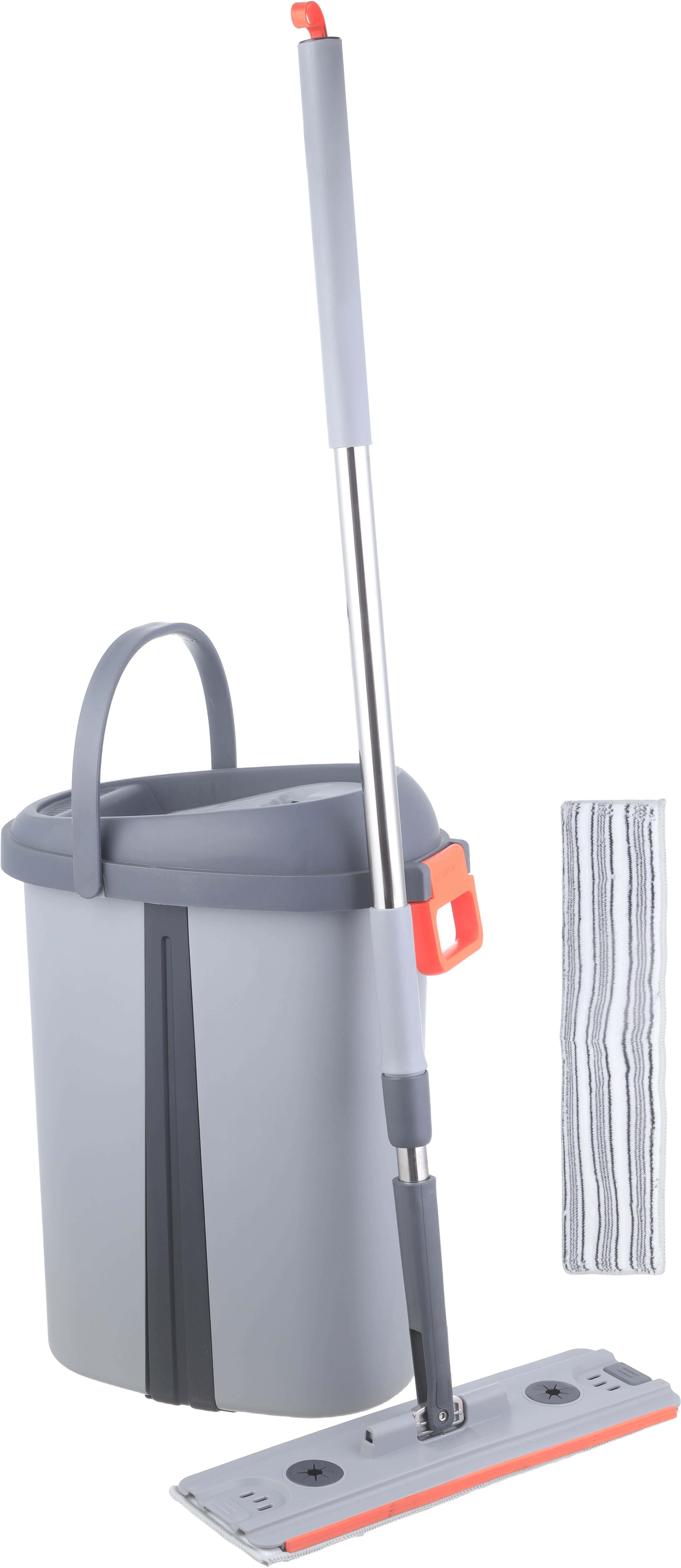 Plastic Parquet Mop Bucket, 2 Eyes, 16 liters, Metal Handle, 2 Microfiber Replacement - Grey Orange