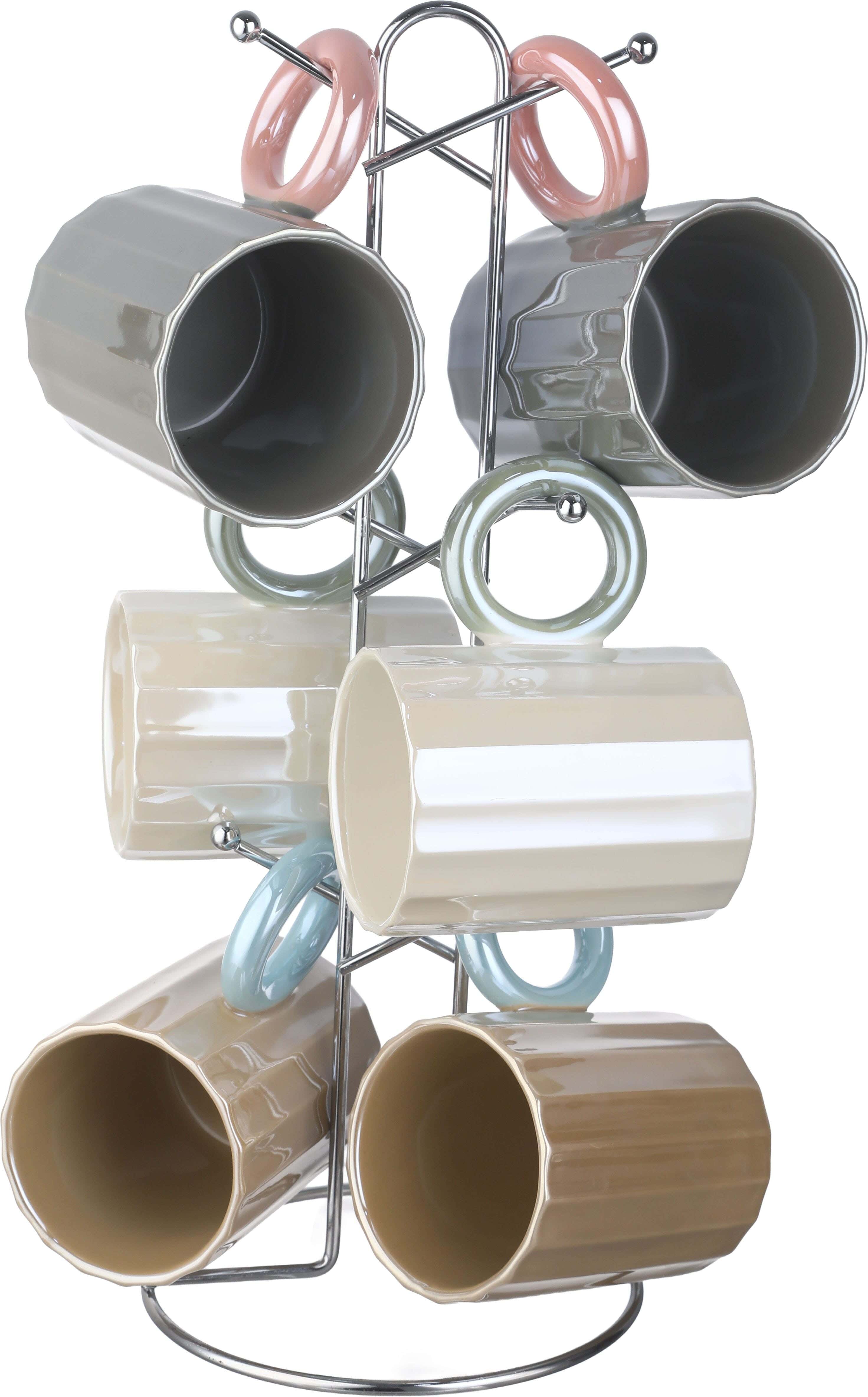 El salsabil Porcelain Mug Set, 6 Pieces, 350 ml, with Stand - Multicolor