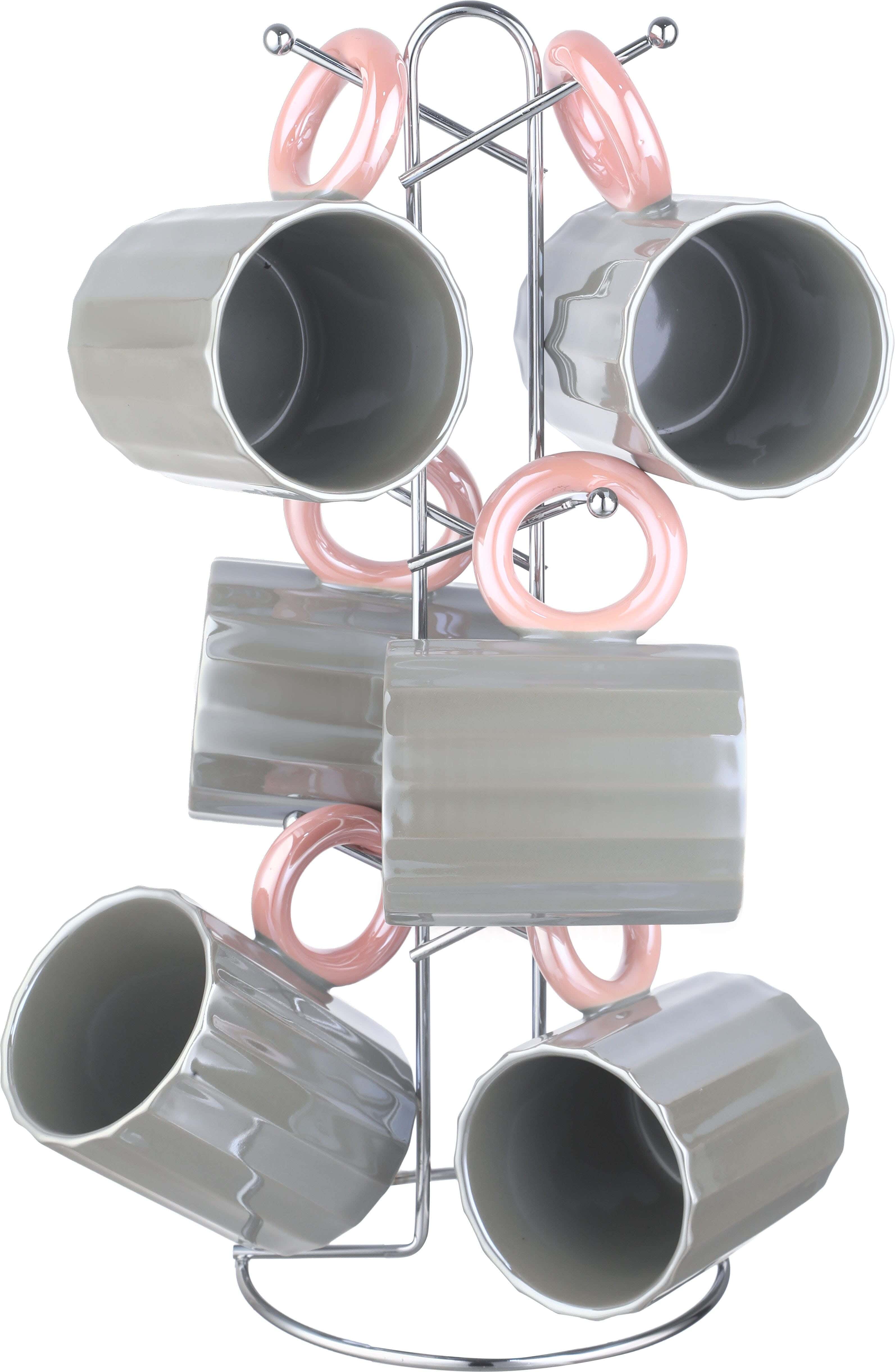 EL Salsabil Porcelain Mug Set, 6 Pieces, 350 ml, with Stand - Grey Rose