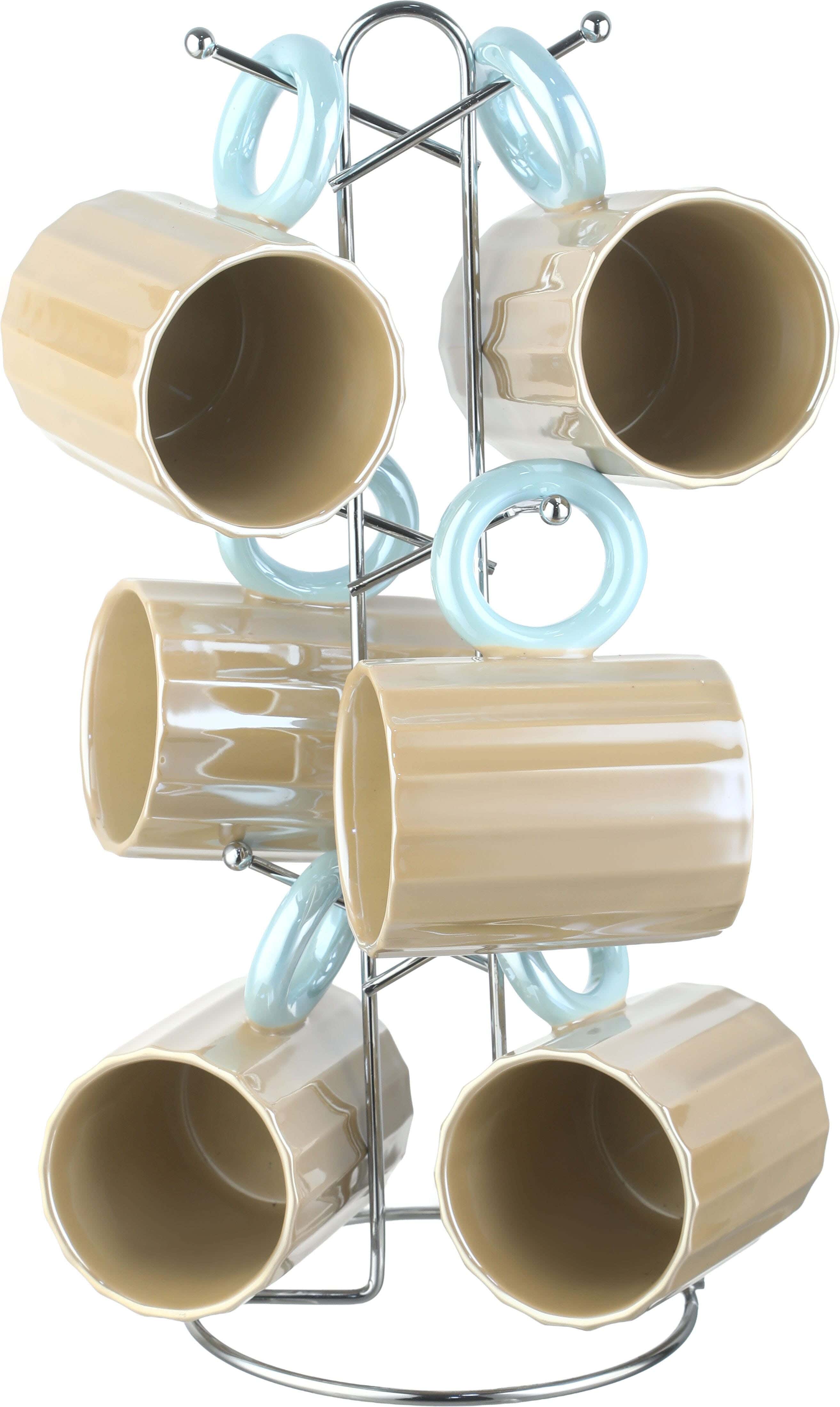 EL Salsabil Porcelain Mug Set, 6 Pieces, 350 ml, with Stand - Beige Light Blue
