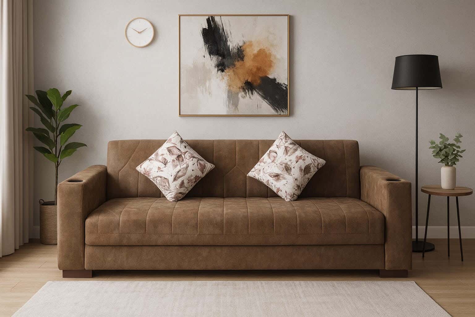 Aldora Mass Metal Sofa Bed, Counter Wood, Upturned Leather Upholstery, 215x80x85 cm, 2 Cup Holders, 2 Cushions - Brown