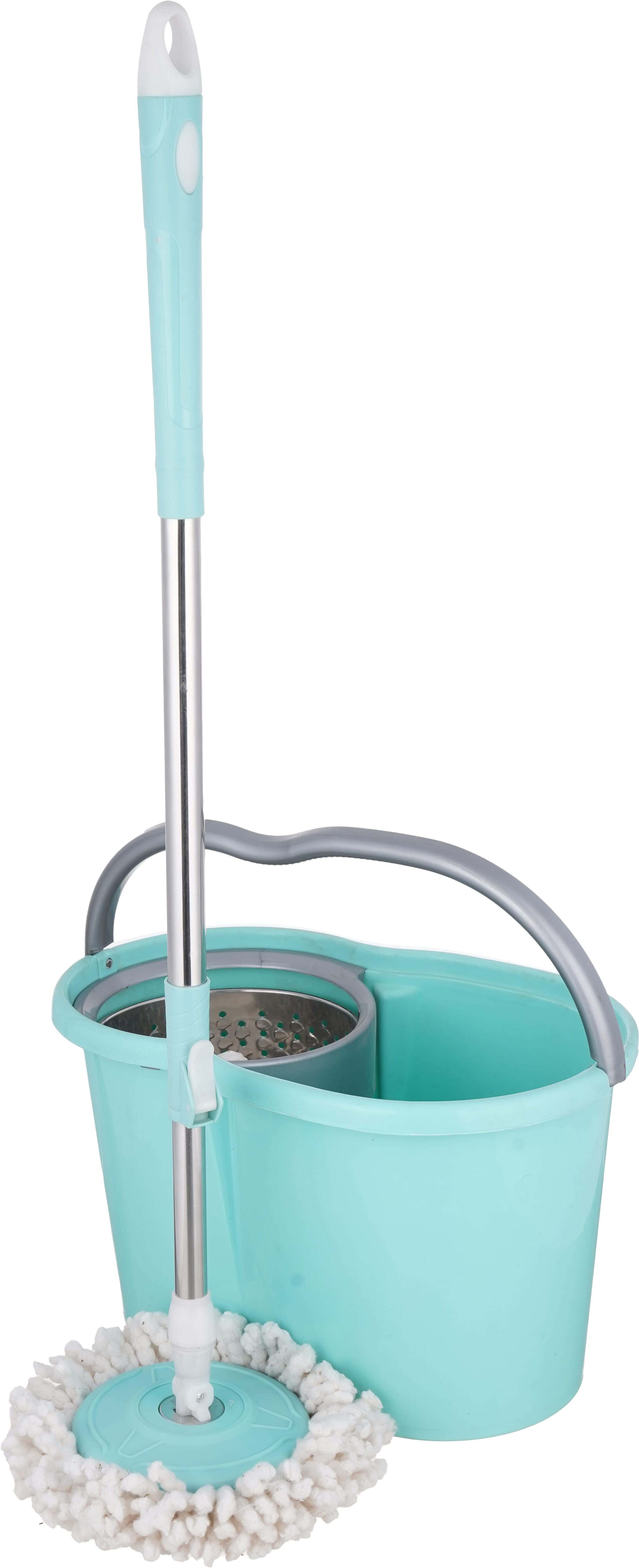 Eco Plastic Mop Bucket with Stainless Steel Wringer, Metal Handle, Cotton Replacement, 45x29x27 cm - Turquoise Grey